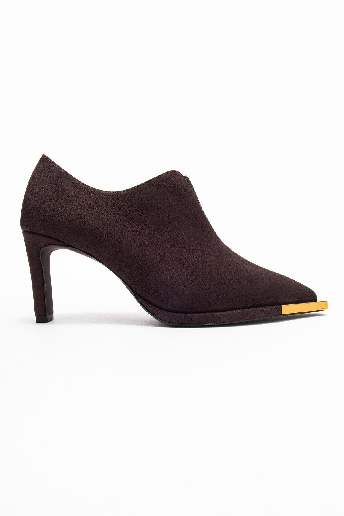 Niva - Brown Suede Gold-Detail Elastic Ankle-Heeled Shoe – top view showing suede, gold, SimmiUnique