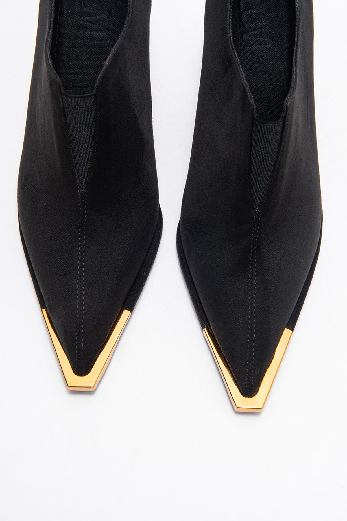 Niva - Black Suede Gold-Detail Elastic Ankle-Heeled Shoe – side view showing velvet, suede, black, SimmiUnique