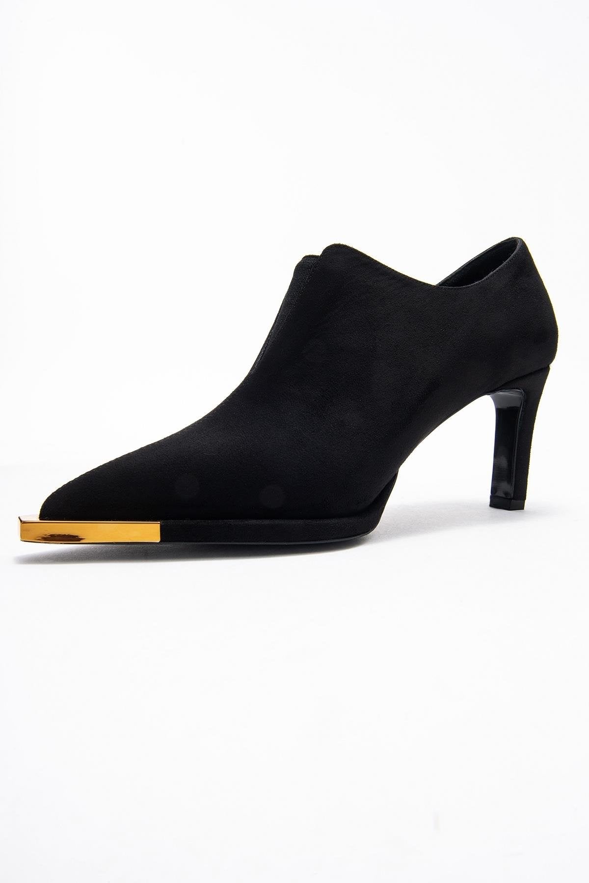 Niva - Black Suede Gold-Detail Elastic Ankle-Heeled Shoe – heel view showing velvet, suede, black, SimmiUnique