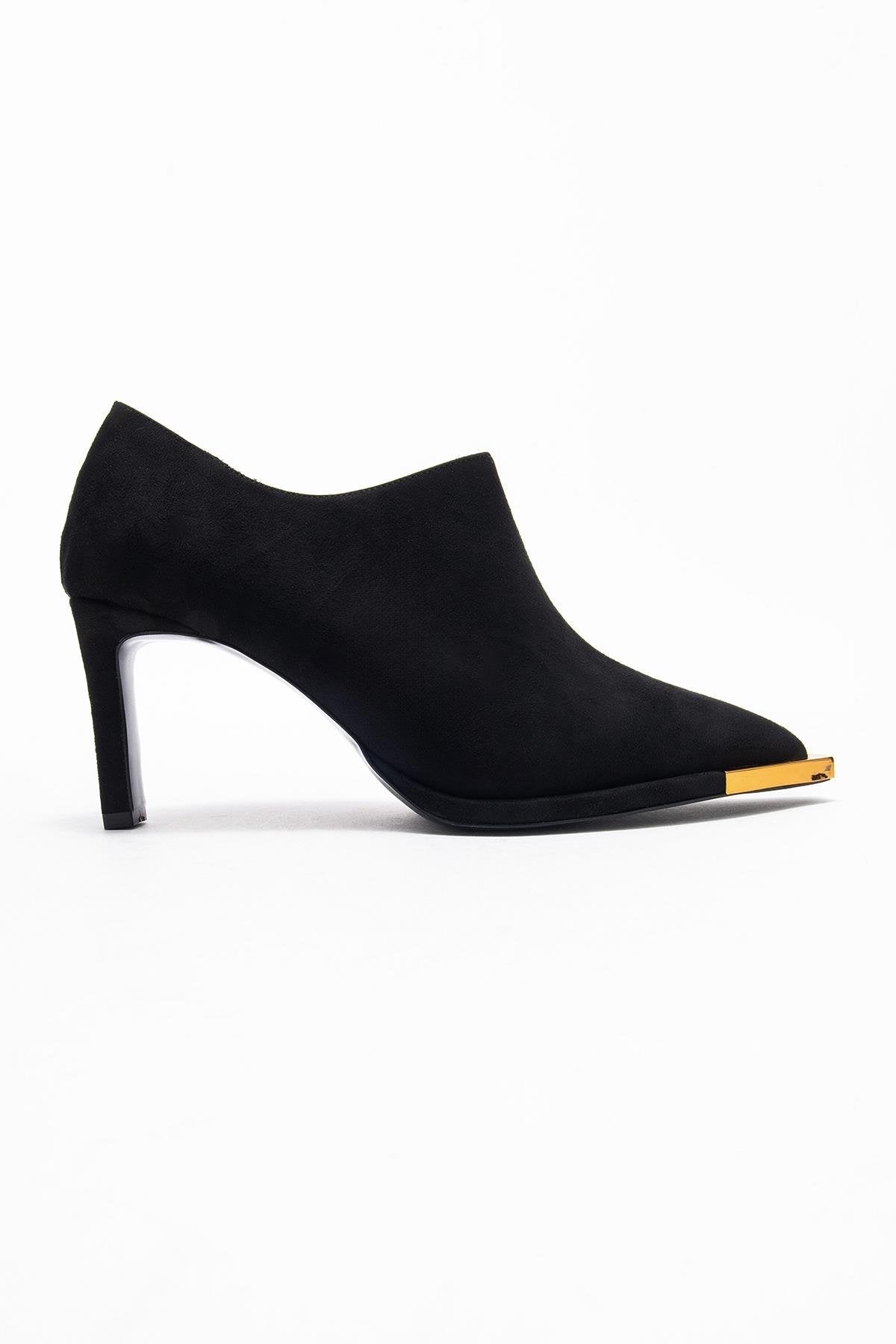 Sona - Black Ankle-Heel Shoe – top view showing suede, black, SimmiUnique