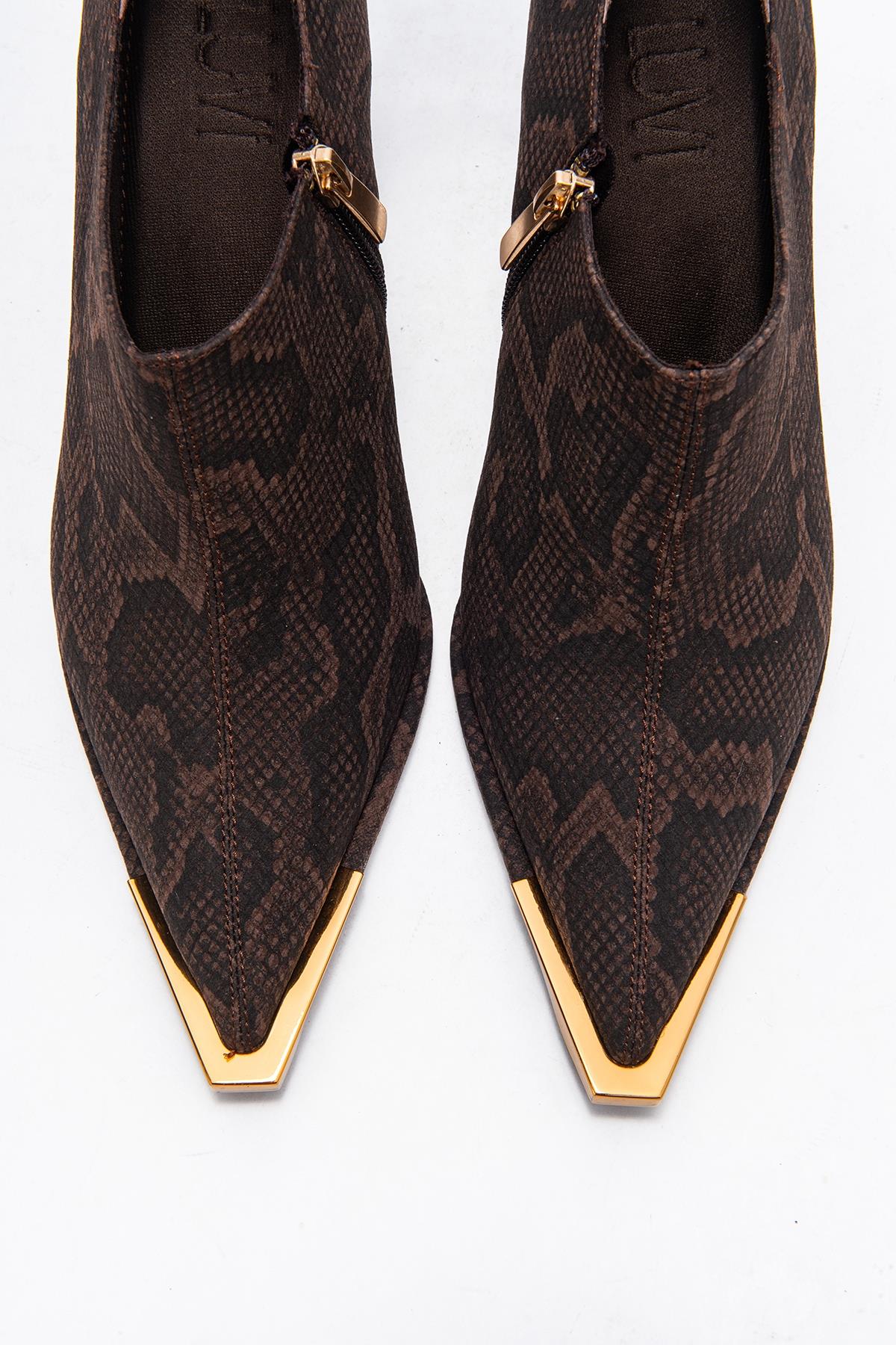 Sona - Brown Patterned Ankle-Heel Shoe – side view showing leather, metallic, SimmiUnique