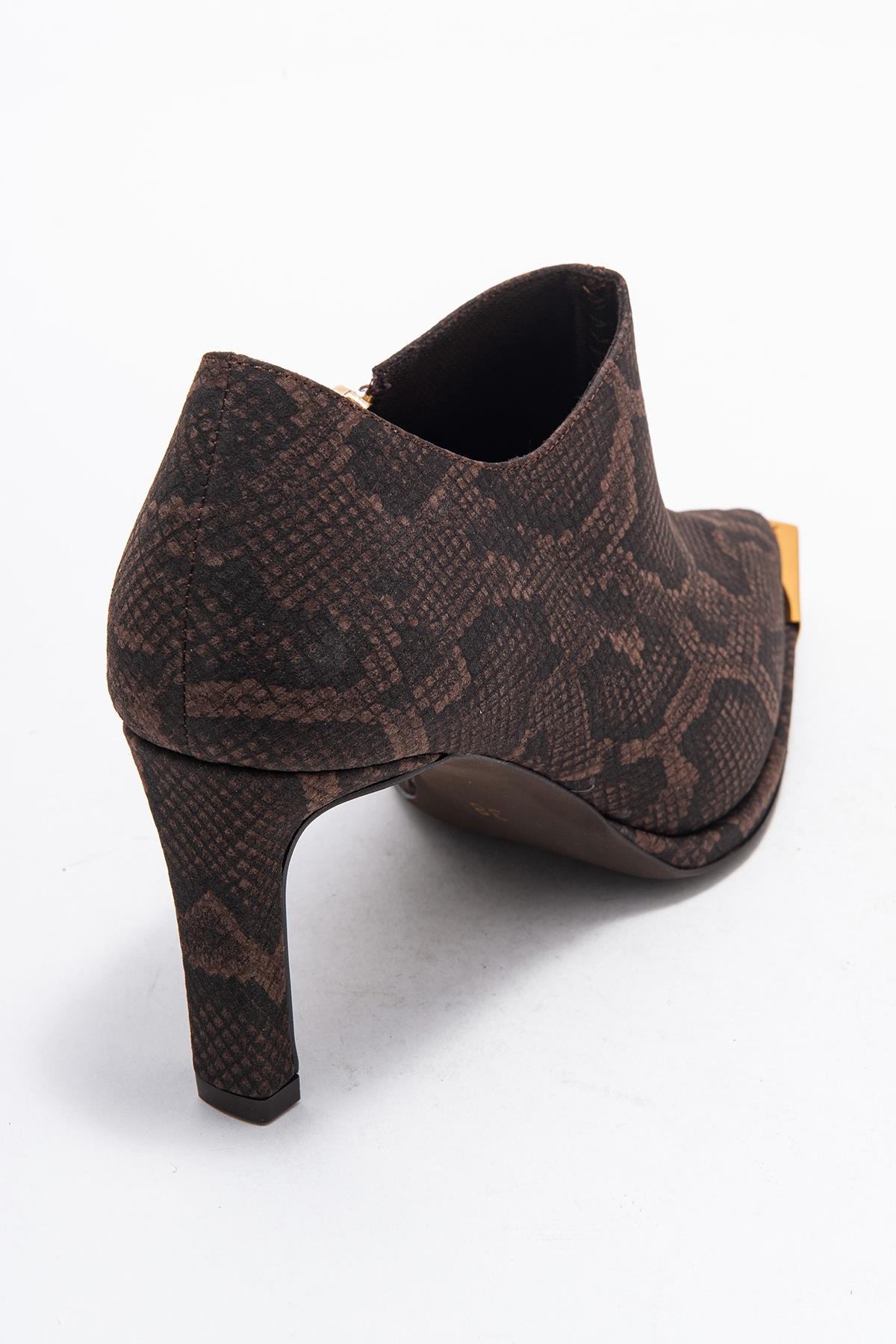 Sona - Brown Patterned Ankle-Heel Shoe – back view showing leather, metallic, SimmiUnique