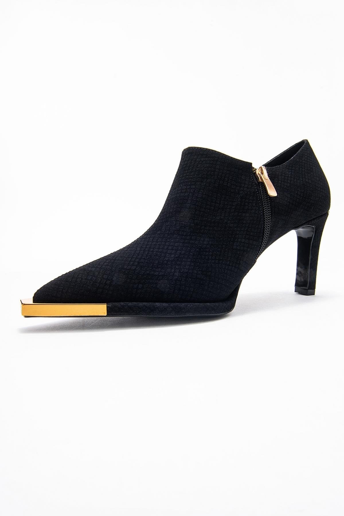 Sona - Black Patterned Ankle-Heel Shoe – detail view showing leather, black, SimmiUnique