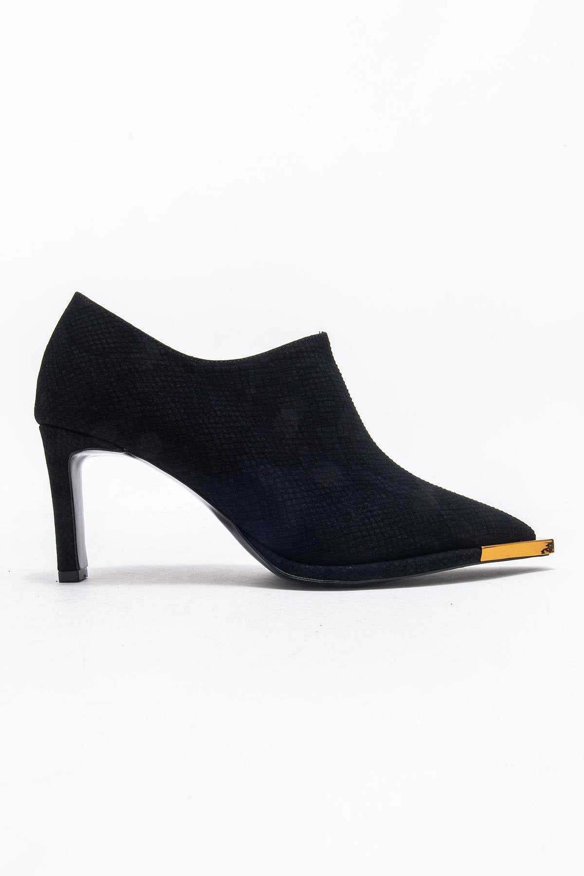 Sona - Black Patterned Ankle-Heel Shoe – top view showing leather, black, SimmiUnique