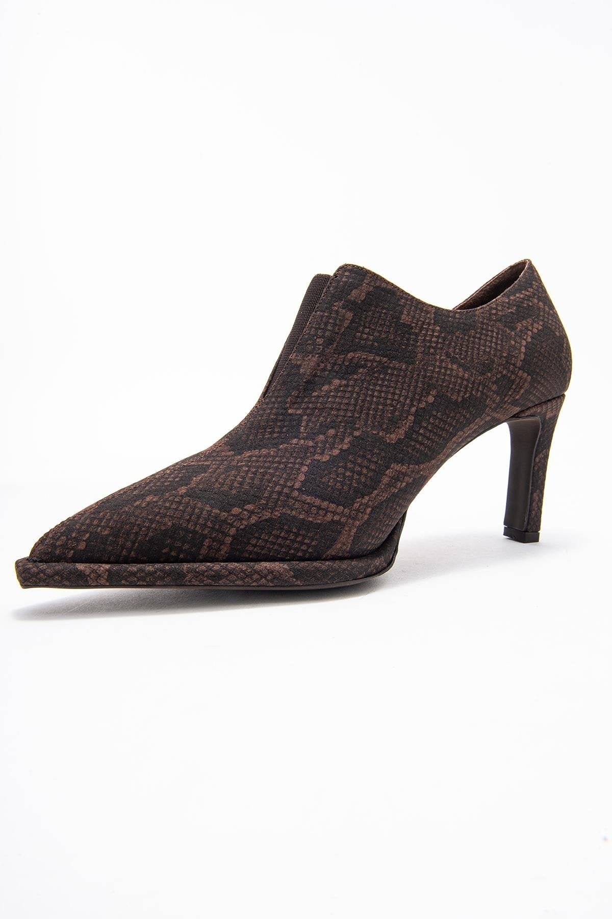Alya - Brown Patterned Ankle-Heel Shoe – heel view showing leather, SimmiUnique