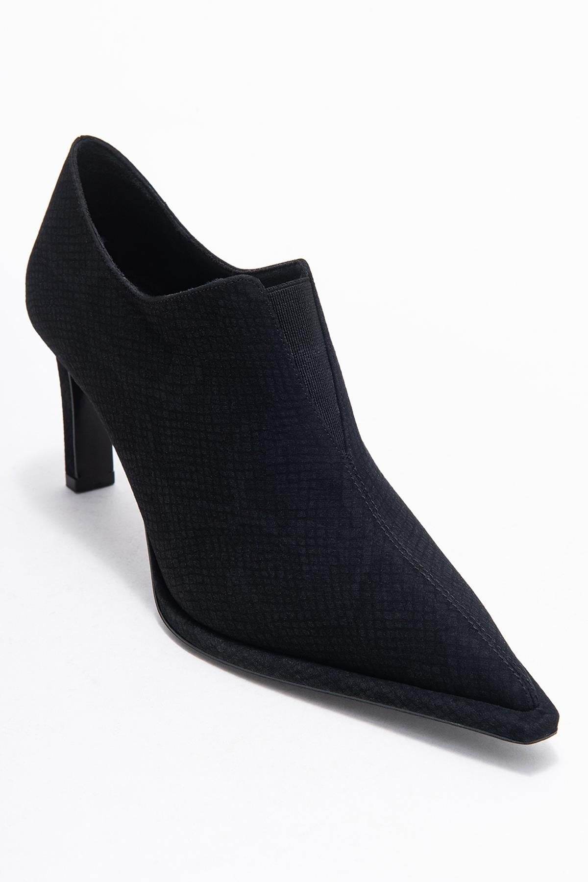 Alya - Black Patterned Elastic Ankle Stiletto Pump – detail view showing leather, black, SimmiUnique