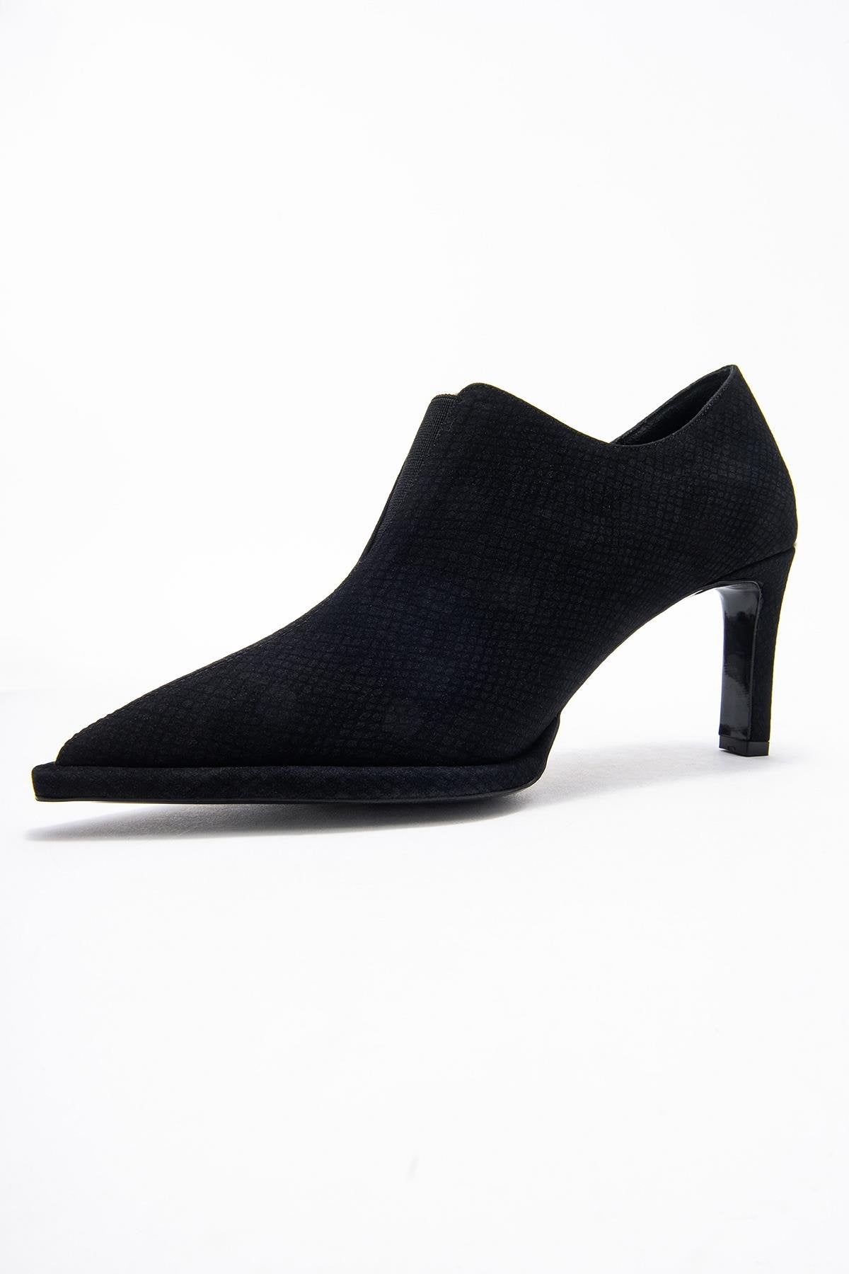Alya - Black Patterned Elastic Ankle Stiletto Pump – heel view showing leather, black, SimmiUnique