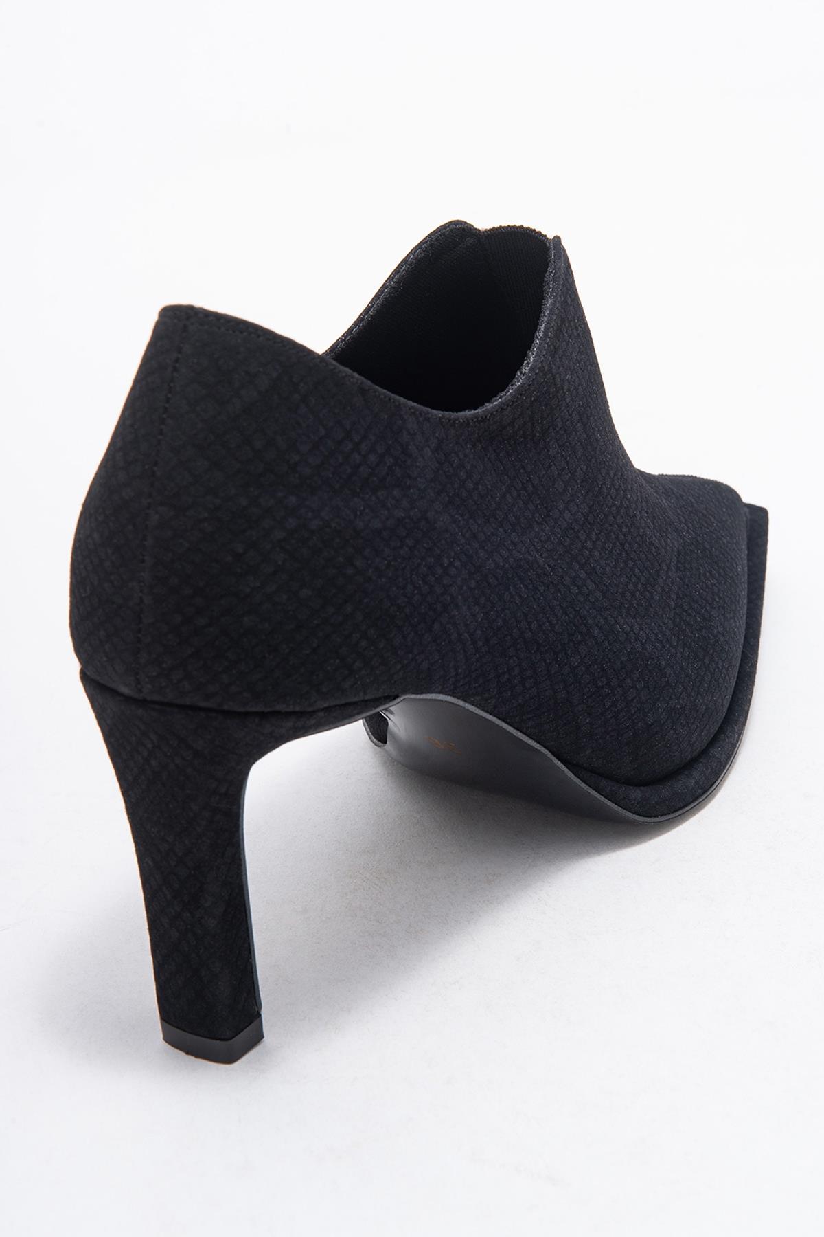 Alya - Black Patterned Elastic Ankle Stiletto Pump – back view showing leather, black, SimmiUnique