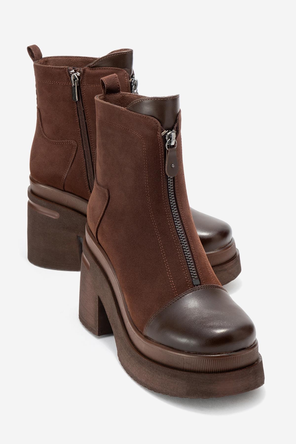 Ardenne - Brown Platform Heel Zip Boot – front three-quarter view showing leather, suede, SimmiUnique