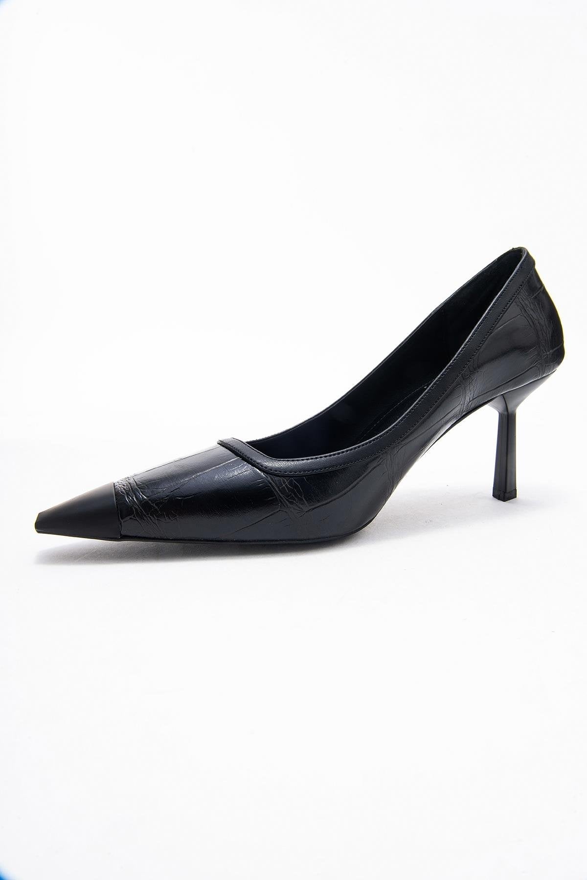 Rona - Black Printed Pointed Toe Stiletto Pump – heel view showing leather, black, red, SimmiUnique