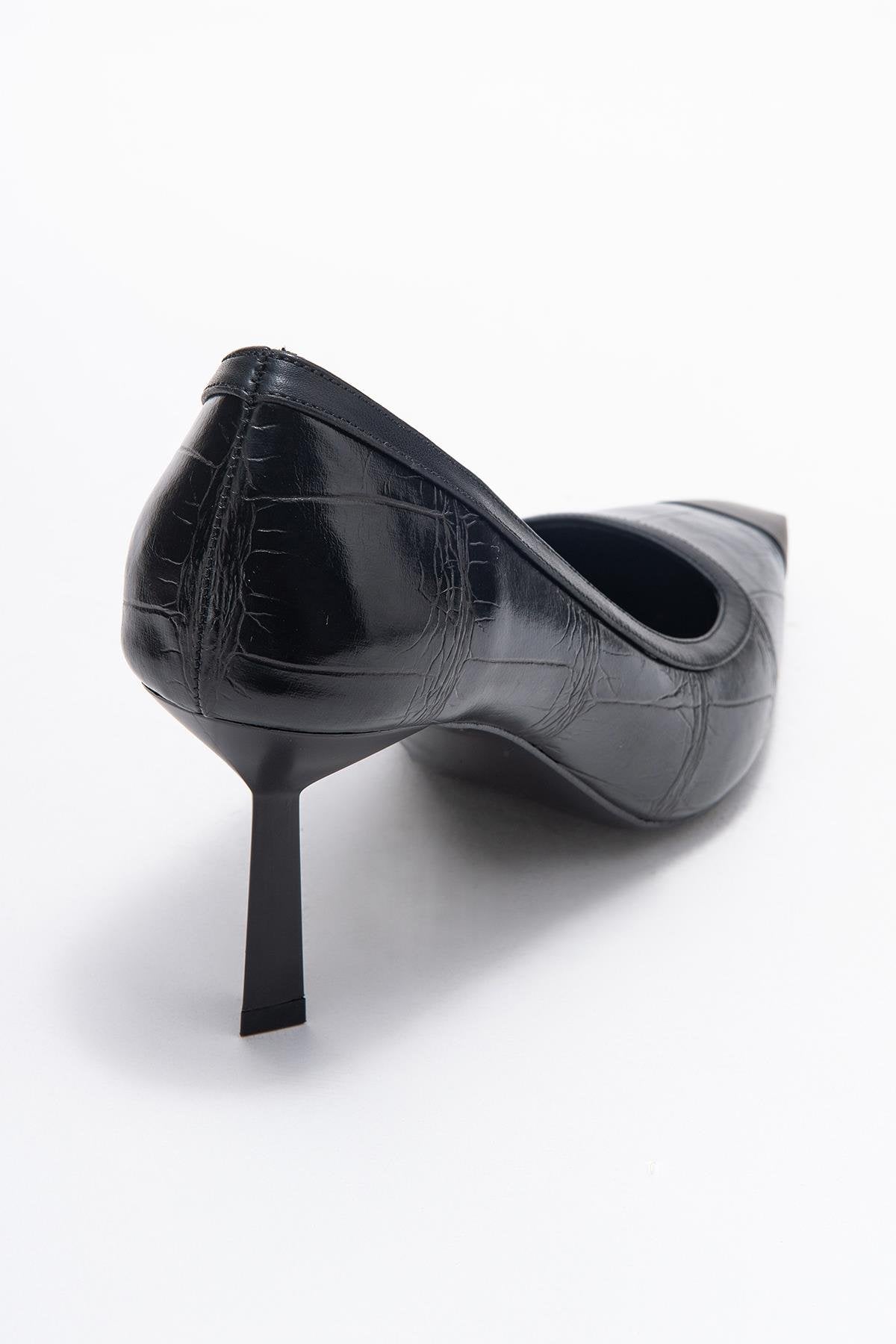 Rona - Black Printed Pointed Toe Stiletto Pump – back view showing leather, black, red, SimmiUnique