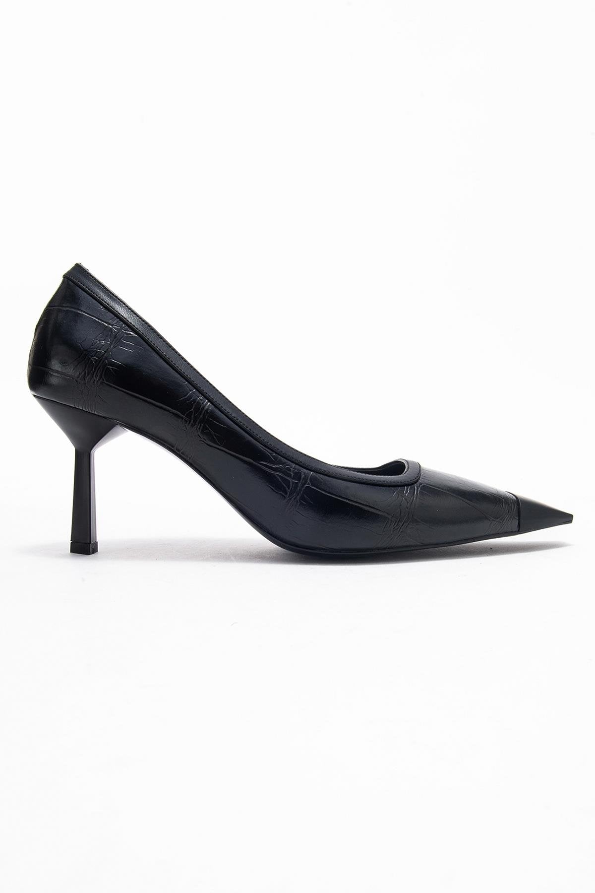 Rona - Black Printed Pointed Toe Stiletto Pump – top view showing leather, black, red, SimmiUnique