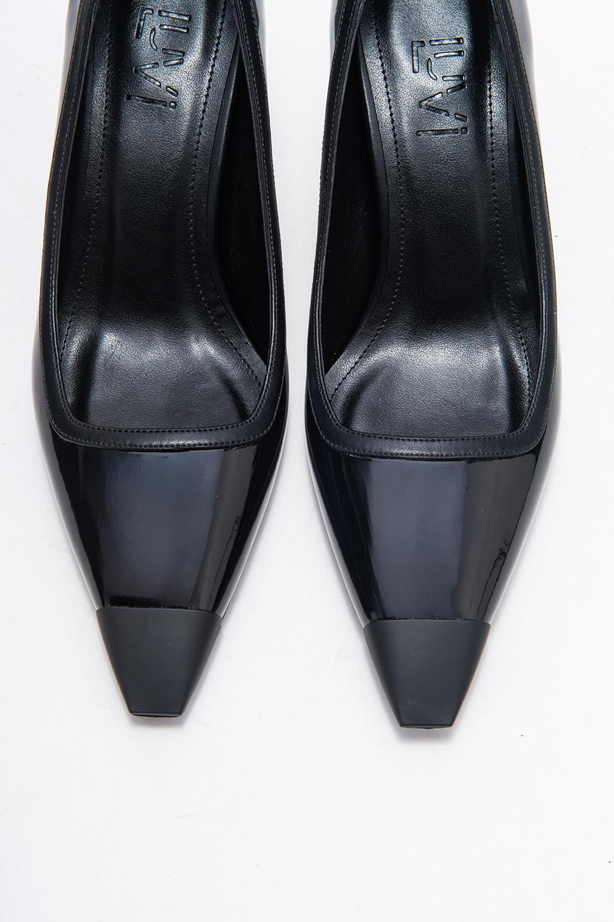 Rona - Black Patent Pointed Toe Stiletto Pump – side view showing leather, black, SimmiUnique