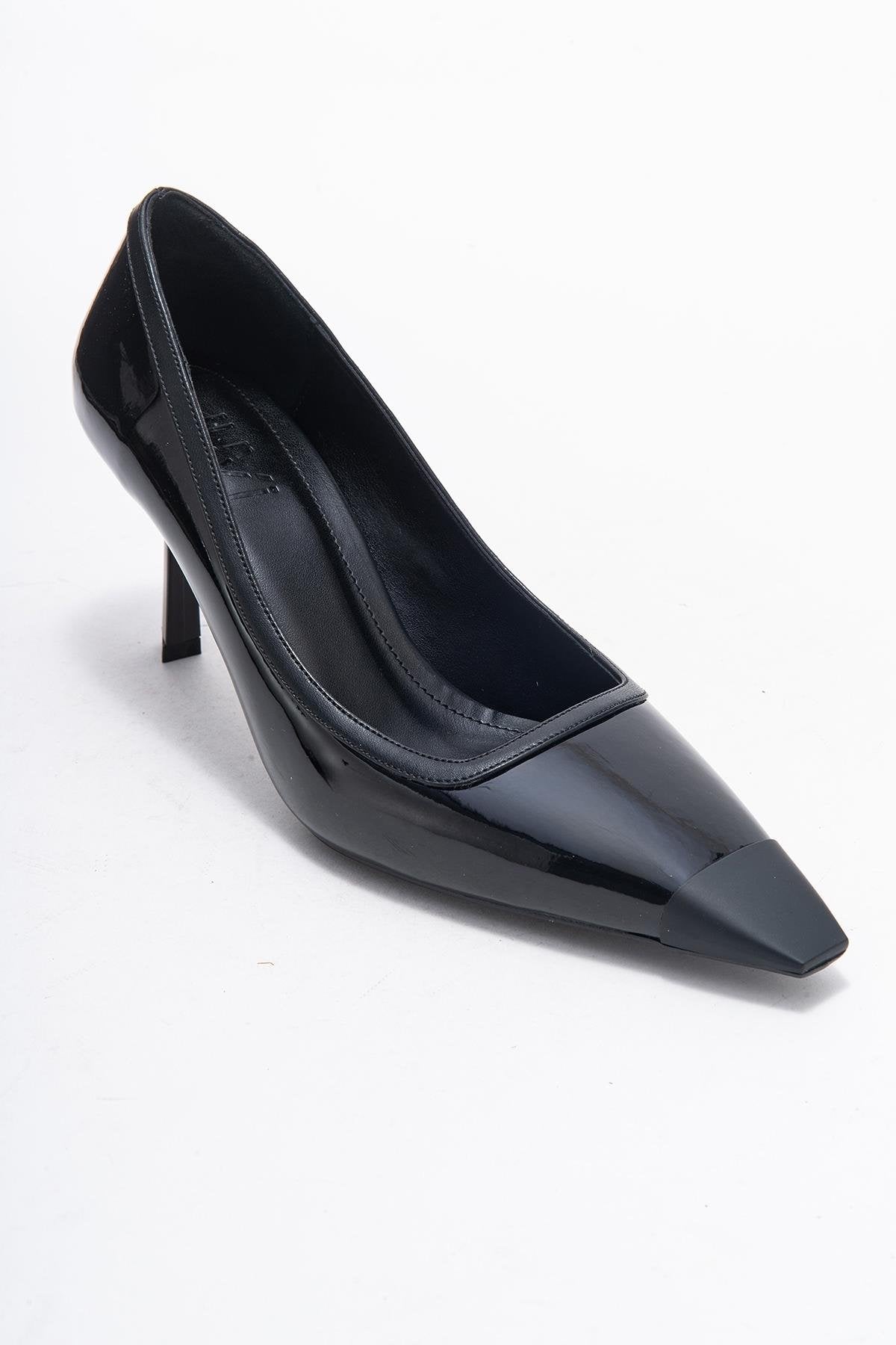 Rona - Black Patent Pointed Toe Stiletto Pump – detail view showing leather, black, SimmiUnique