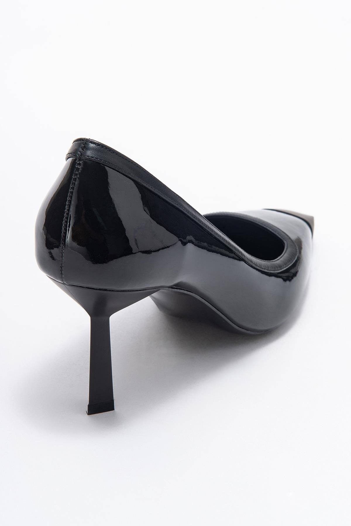 Rona - Black Patent Pointed Toe Stiletto Pump – back view showing leather, black, SimmiUnique