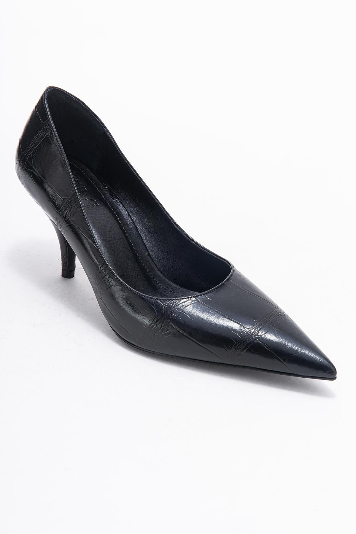 Marcus - Black Printed Pointed Toe Stiletto Pump – detail view showing leather, black, red, SimmiUnique