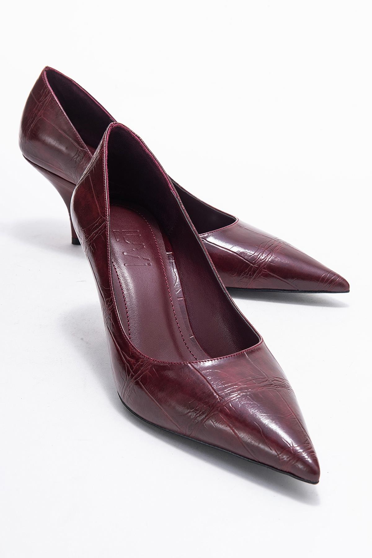 Marcus - Burgundy Printed Pointed Toe Pump – front three-quarter view showing leather, SimmiUnique