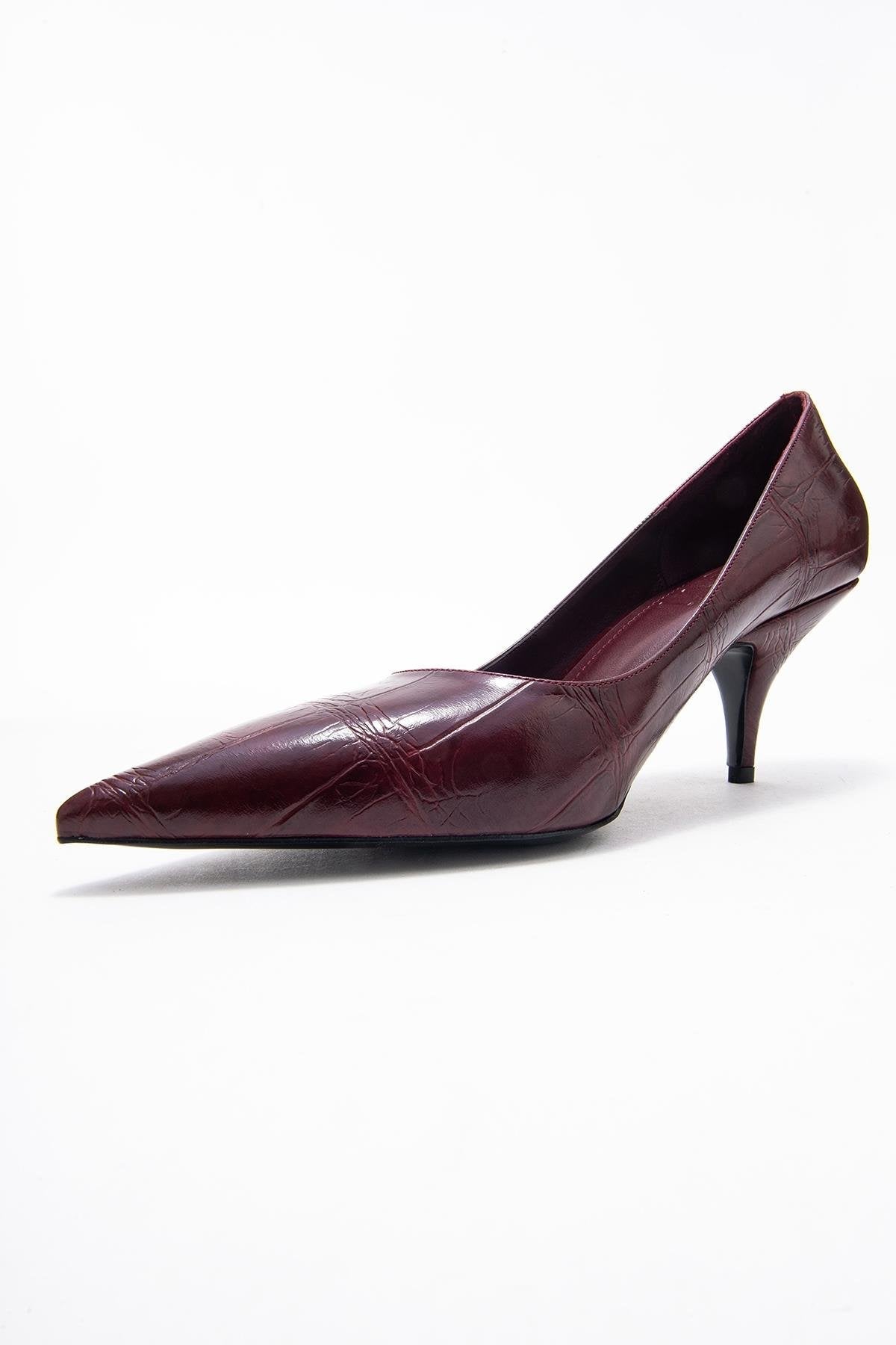 Marcus - Burgundy Printed Pointed Toe Pump – heel view showing leather, SimmiUnique