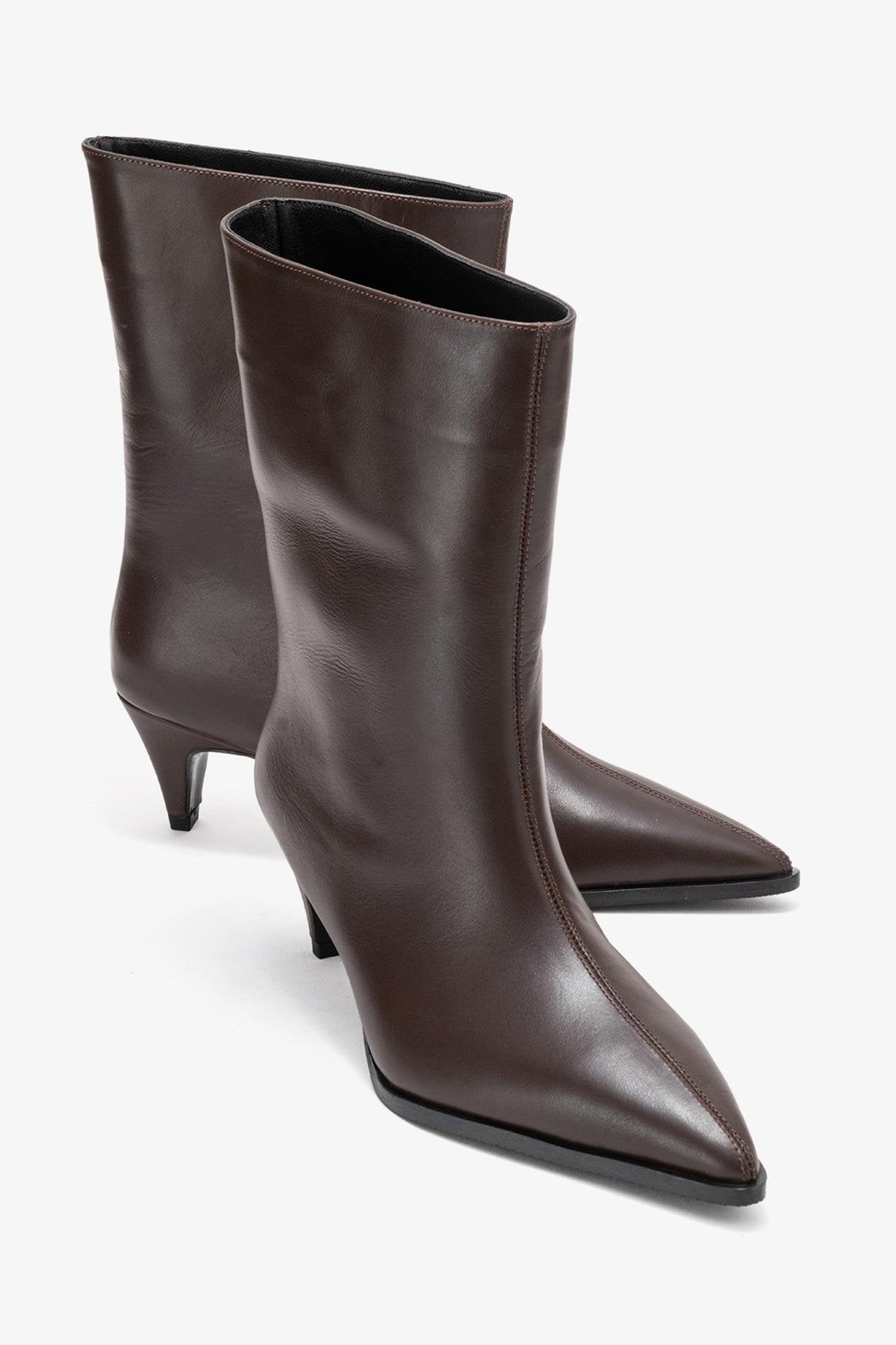Aleo - Brown Genuine Leather Pointed Toe Low Heel Boot – front three-quarter view showing leather, SimmiUnique