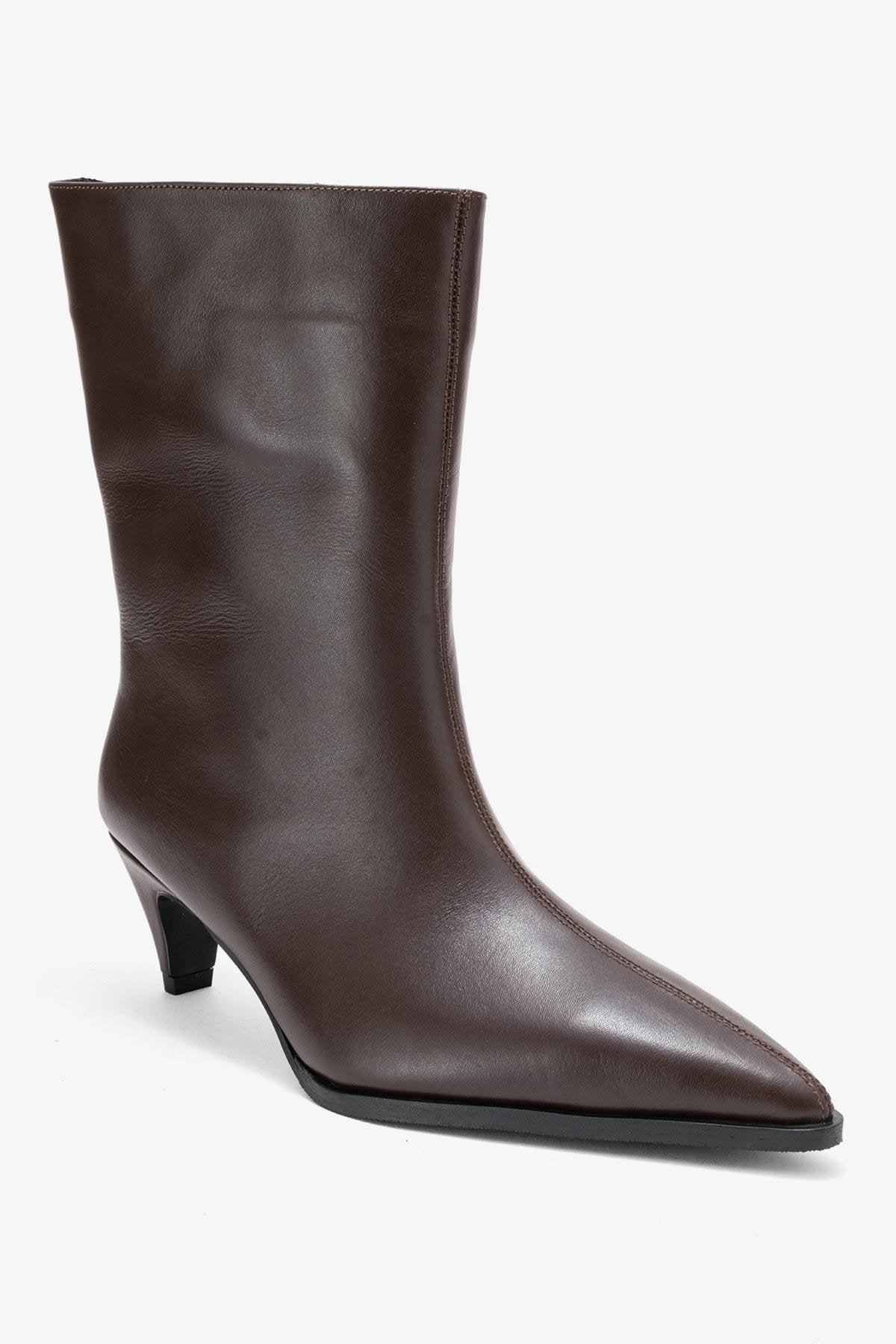 Aleo - Brown Genuine Leather Pointed Toe Low Heel Boot – detail view showing leather, SimmiUnique