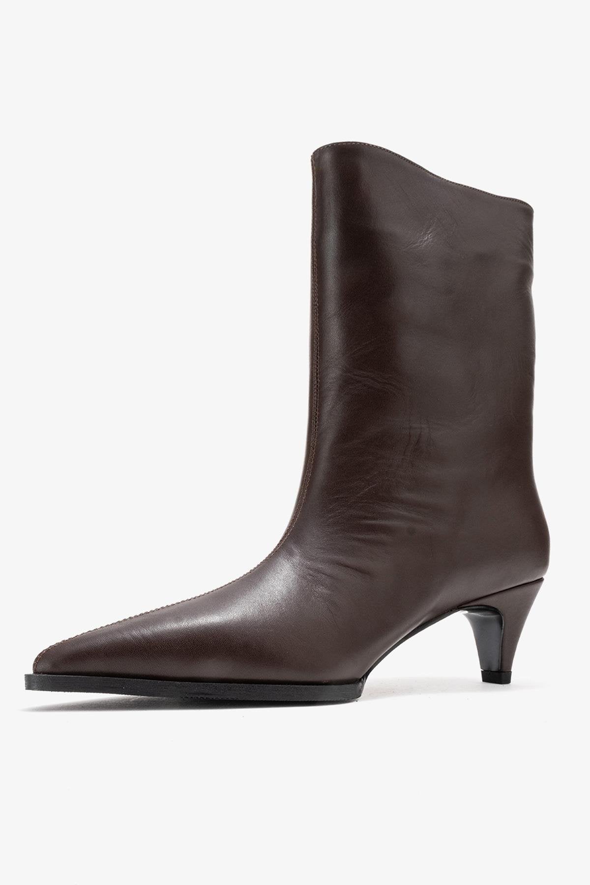 Aleo - Brown Genuine Leather Pointed Toe Low Heel Boot – heel view showing leather, SimmiUnique