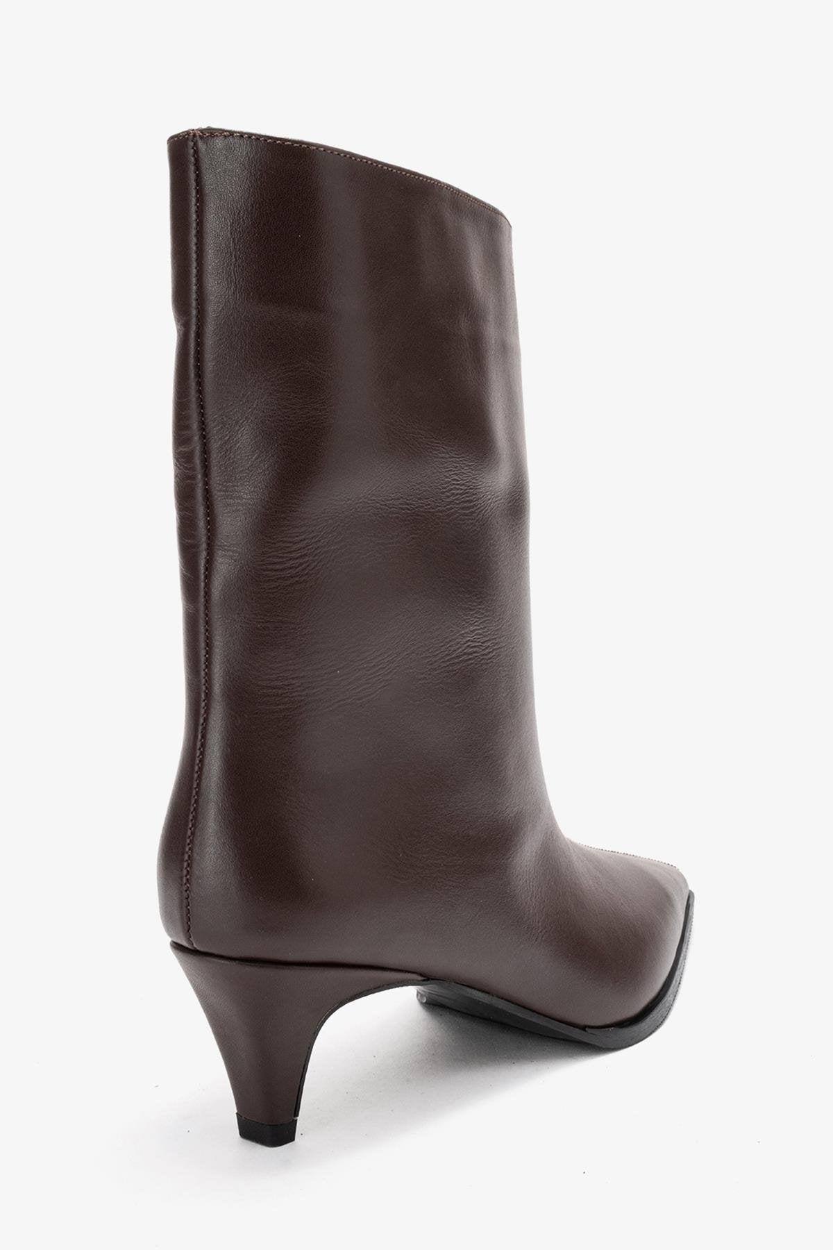 Aleo - Brown Genuine Leather Pointed Toe Low Heel Boot – back view showing leather, SimmiUnique