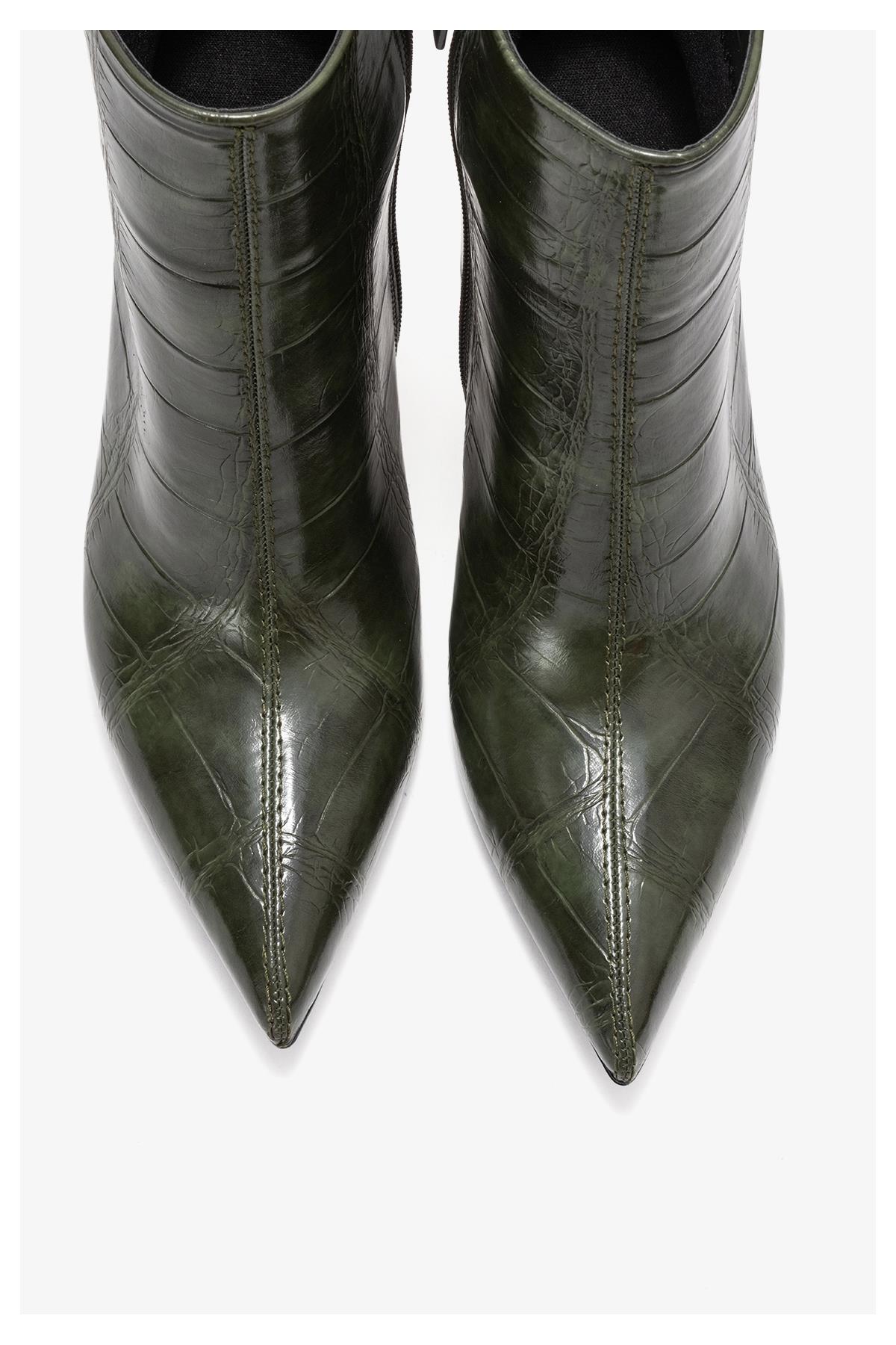 Crista - Green Croc-Embossed Pointed Toe Heeled Boot – side view showing leather, metallic, green, SimmiUnique