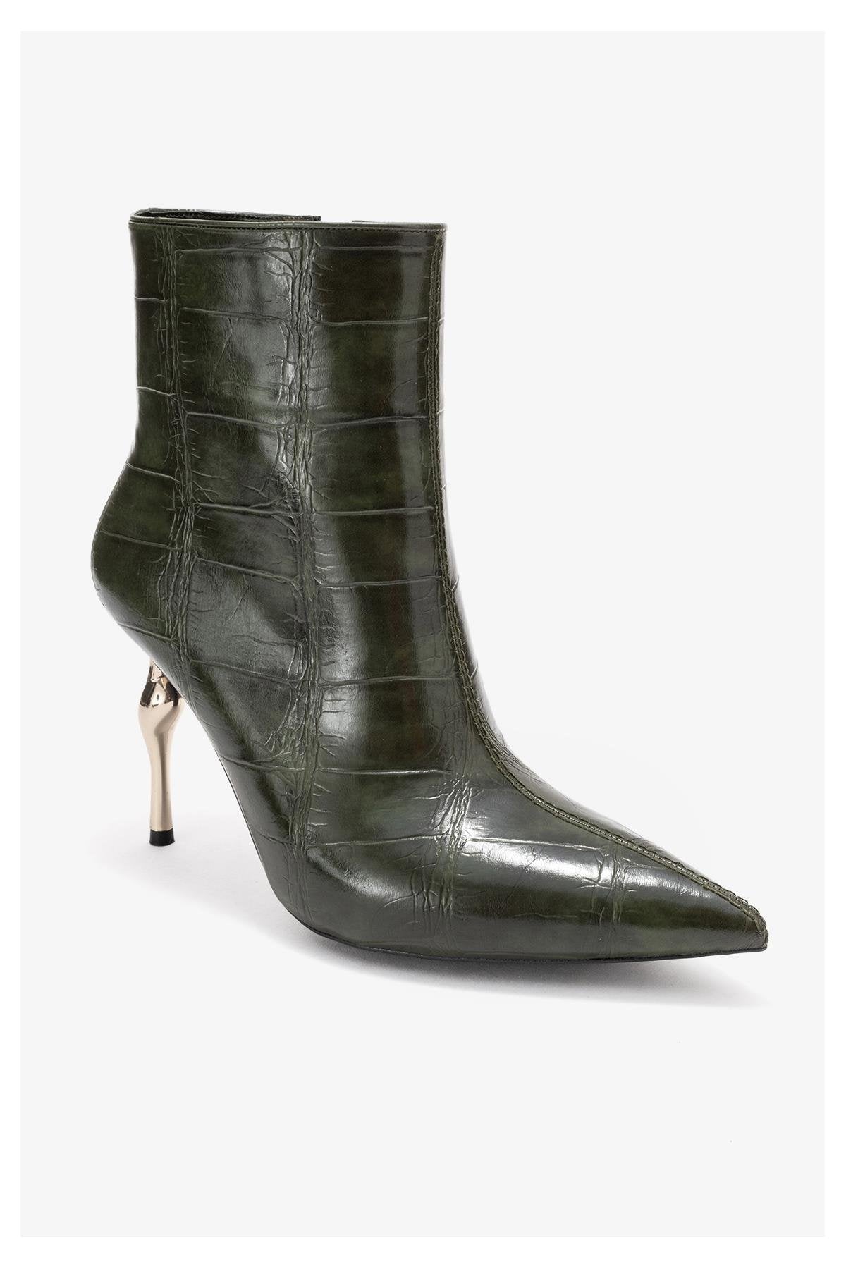Crista - Green Croc-Embossed Pointed Toe Heeled Boot – detail view showing leather, metallic, green, SimmiUnique