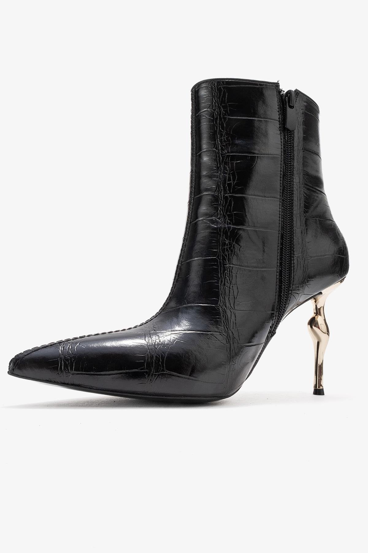 Crista - Black Stiletto Heel Pointed Toe Boot – heel view showing leather, black, SimmiUnique