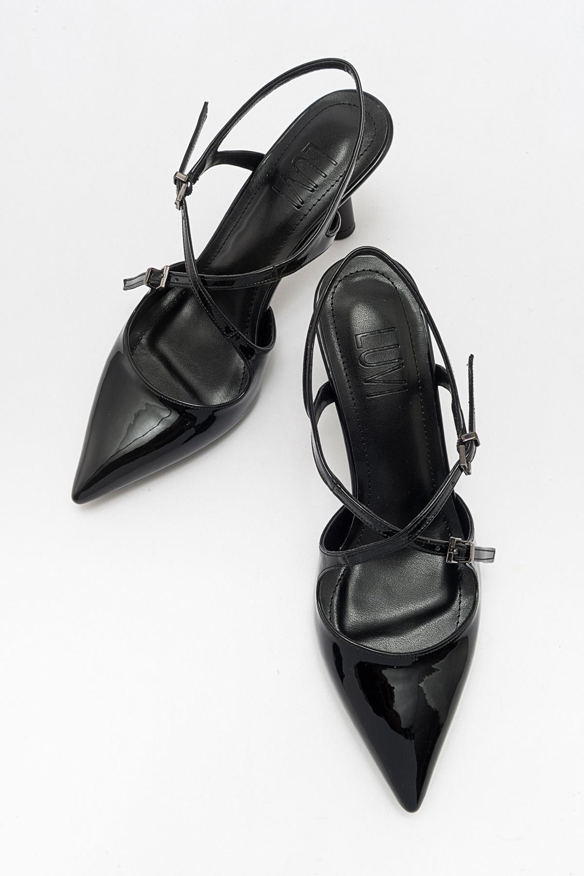 Coje - Black Patent Pointed Toe Stiletto Shoe – heel view showing leather, black, SimmiUnique