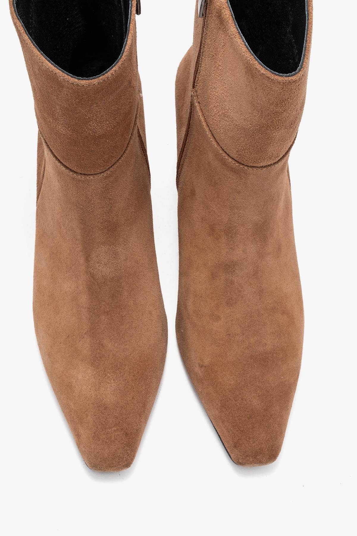 Kyoto - Taupe Genuine Leather Block Heel Boot – side view showing leather, suede, red, SimmiUnique