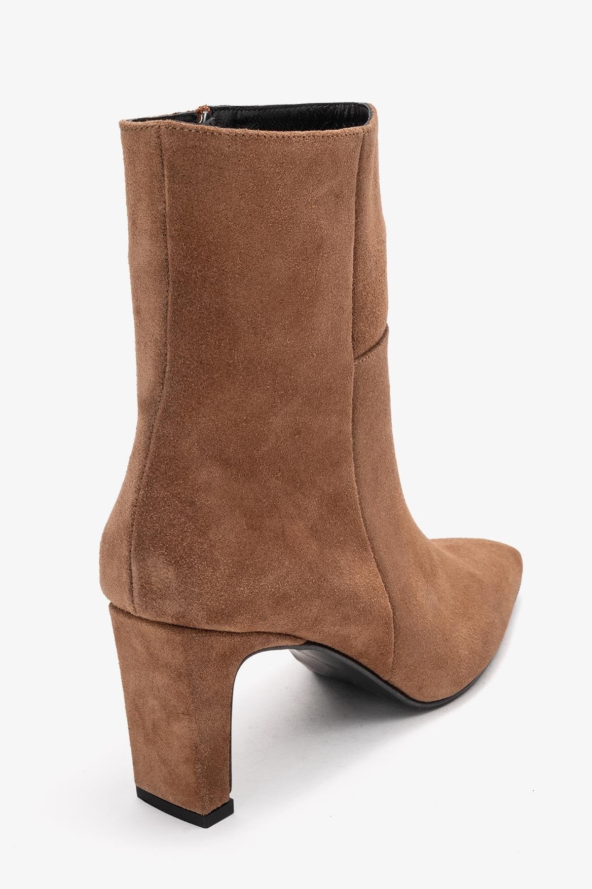 Kyoto - Taupe Genuine Leather Block Heel Boot – back view showing leather, suede, red, SimmiUnique