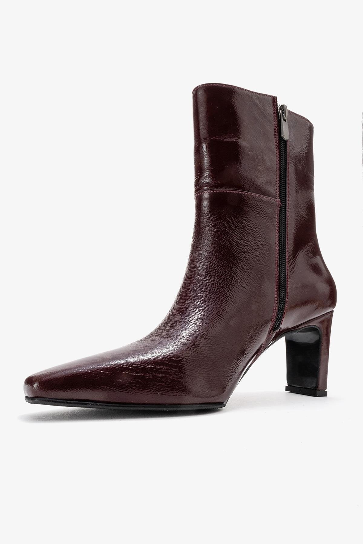 Kyoto - Burgundy Genuine Leather Block Heel Boot – heel view showing leather, SimmiUnique