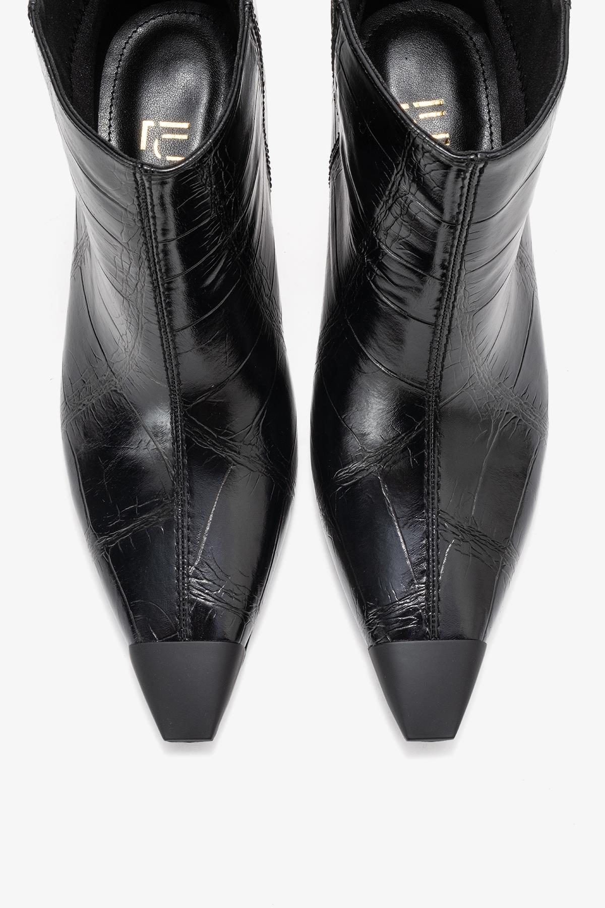 Rassel - Black Printed Pointed Toe Stiletto Boot – side view showing leather, black, SimmiUnique