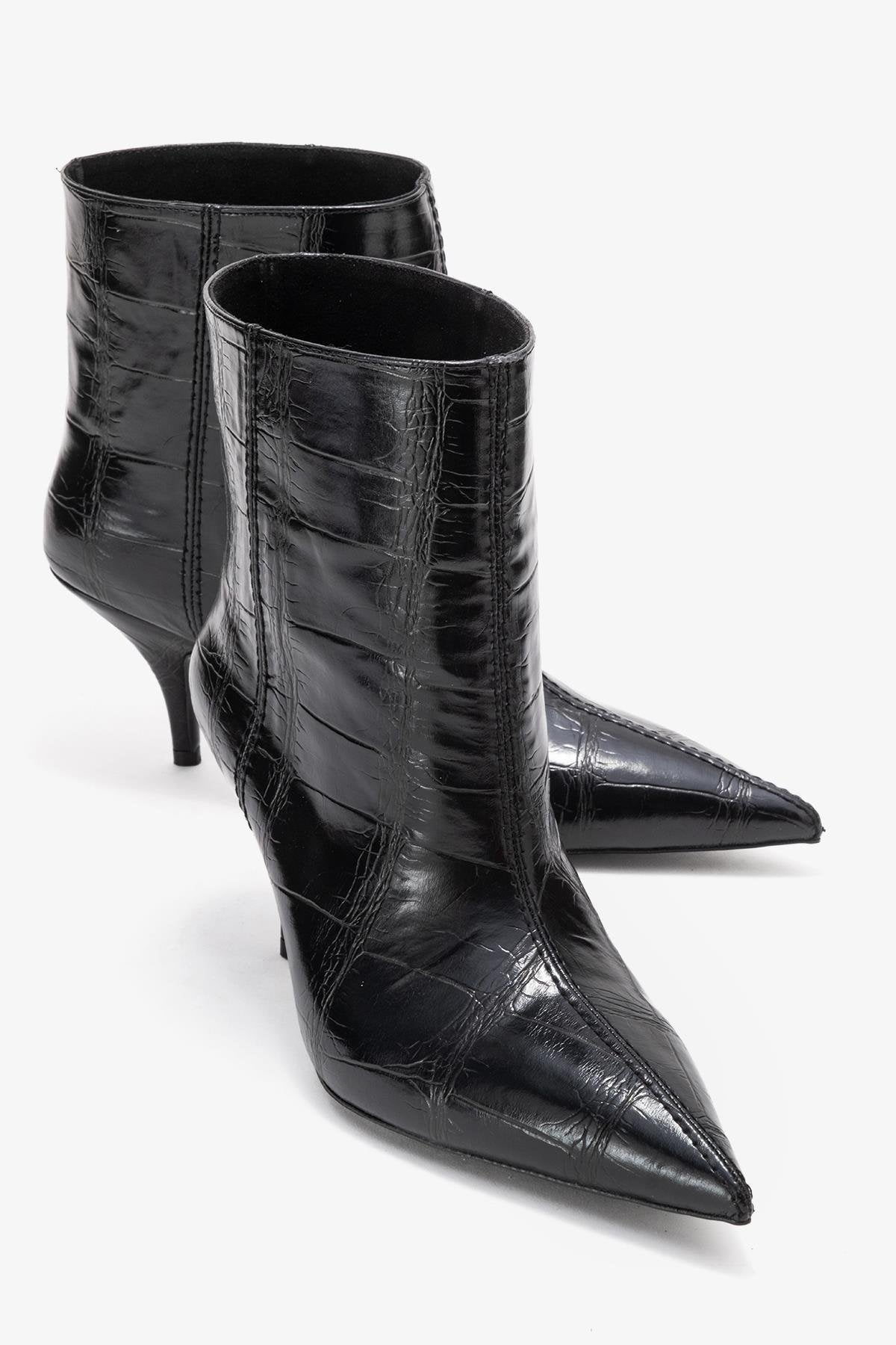 Brivelle - Black Printed Pointed Toe Heeled Boot – front three-quarter view showing leather, black, SimmiUnique