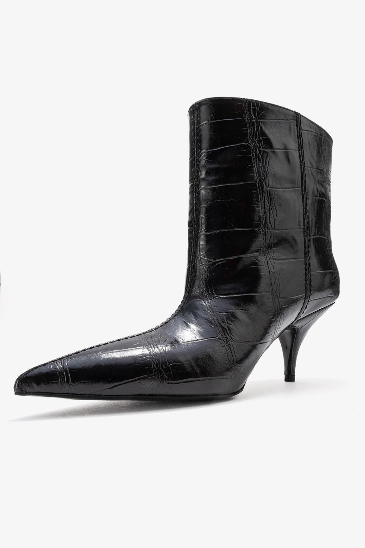 Brivelle - Black Printed Pointed Toe Heeled Boot – heel view showing leather, black, SimmiUnique