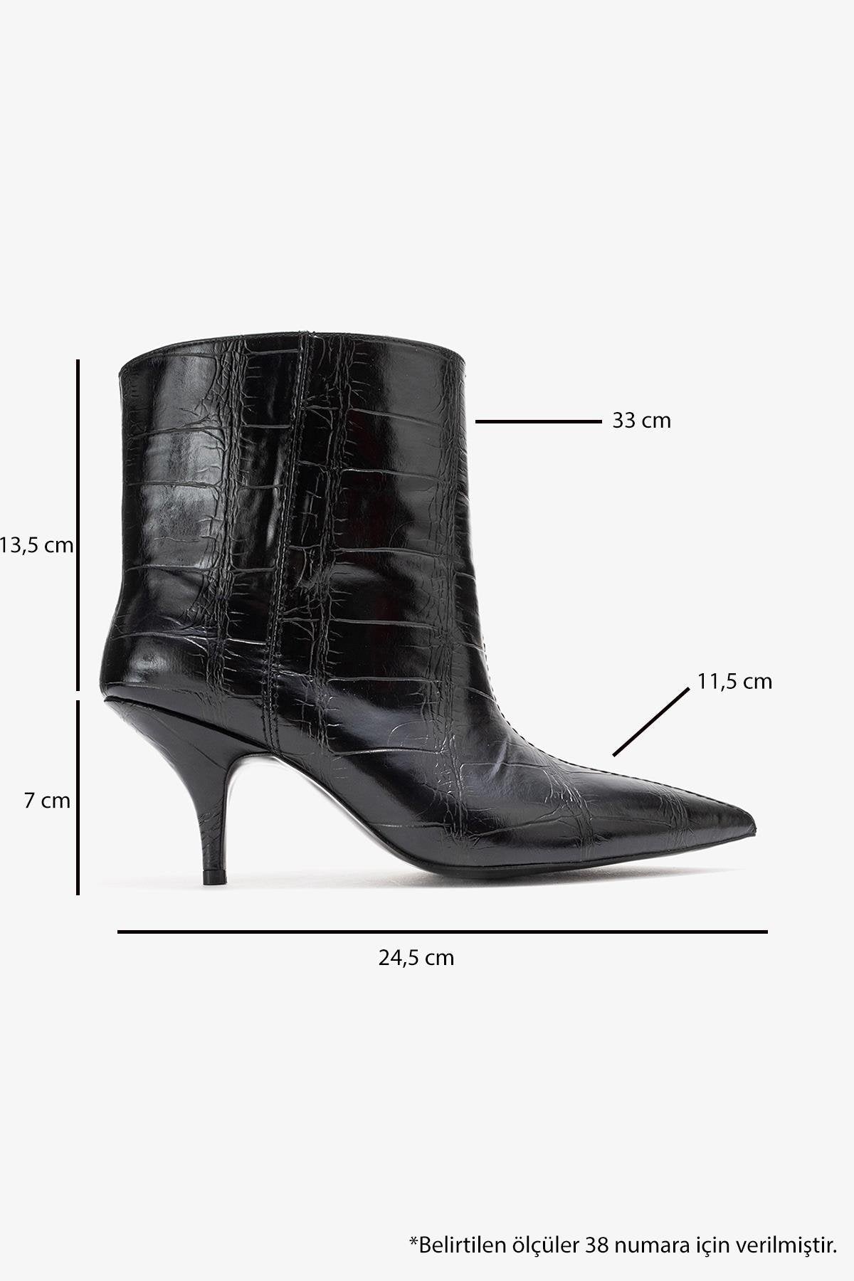 Brivelle - Black Printed Pointed Toe Heeled Boot – top view showing leather, black, SimmiUnique
