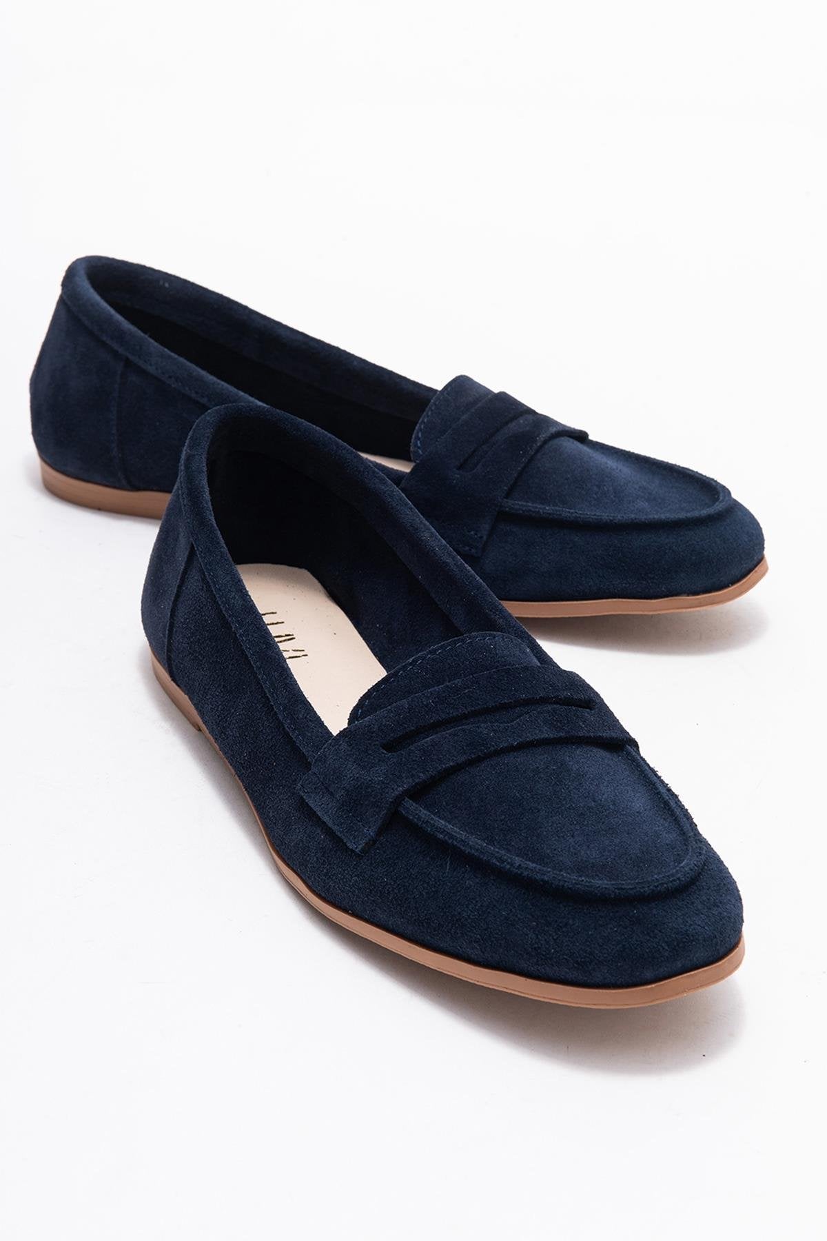 F02 - Navy Genuine Leather Loafer – front three-quarter view showing leather, SimmiUnique