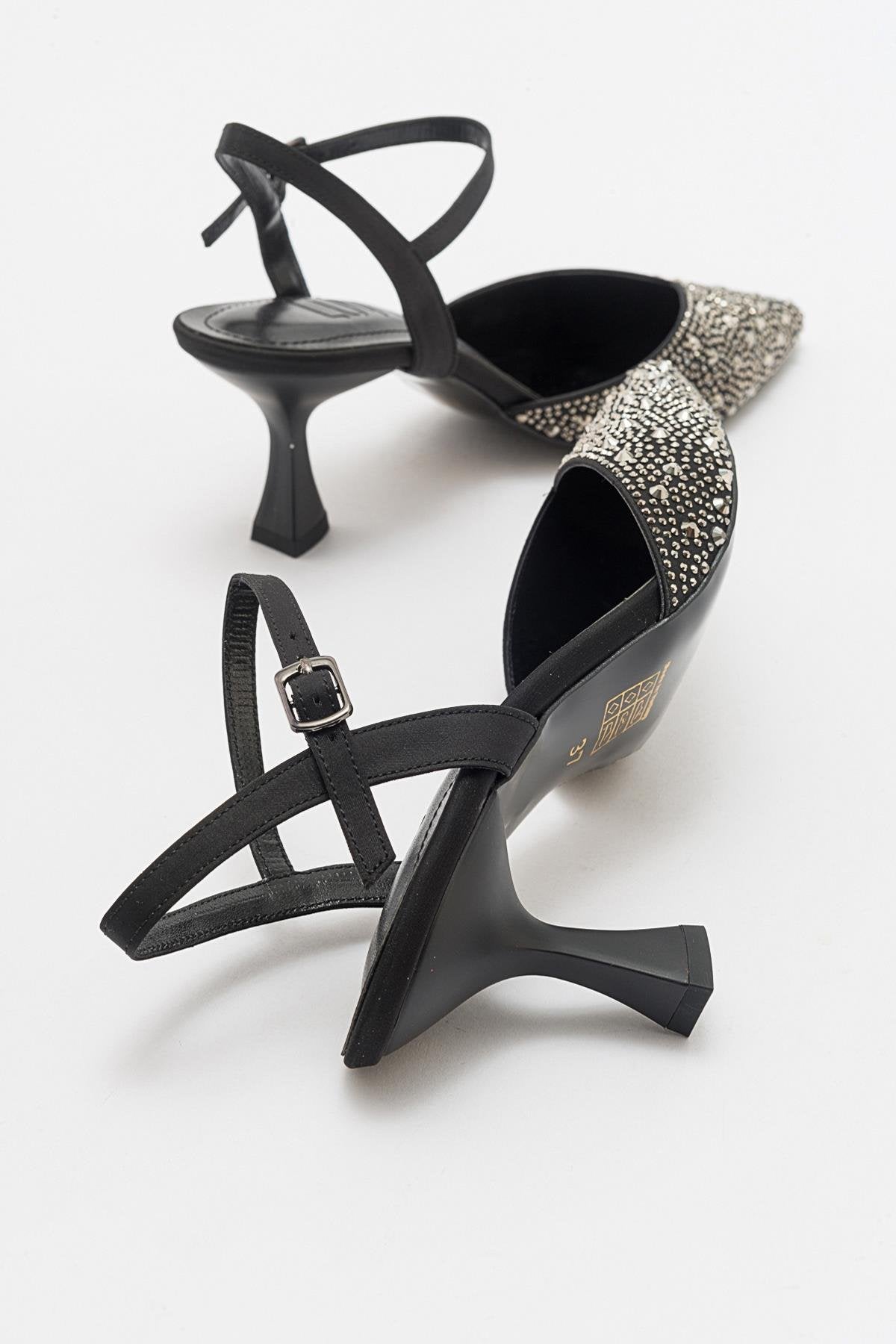 Vilka - Black Sparkling Slingback Kitten Heels – side view showing leather, black, red, SimmiUnique