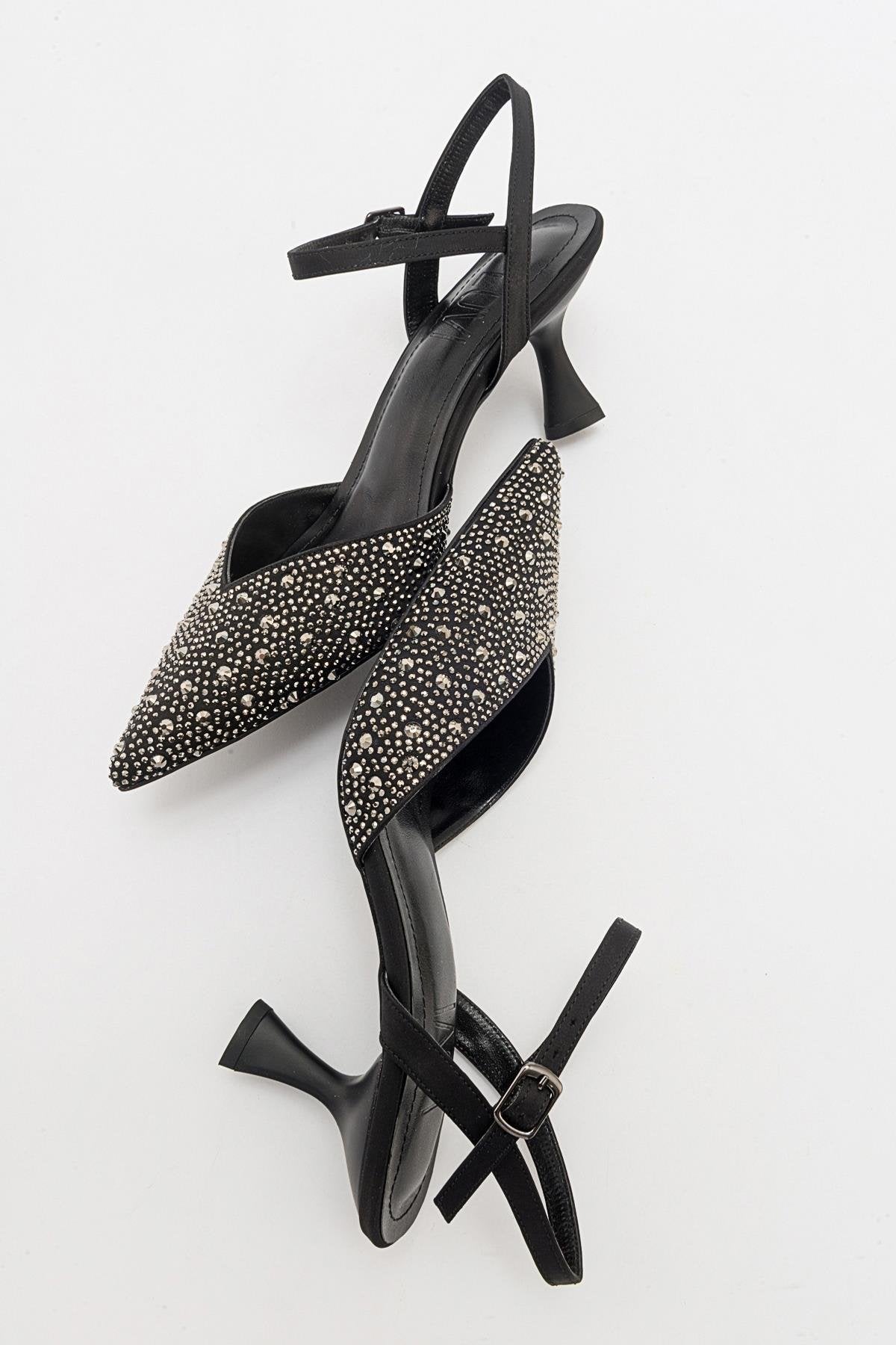 Vilka - Black Sparkling Slingback Kitten Heels – back view showing leather, black, red, SimmiUnique