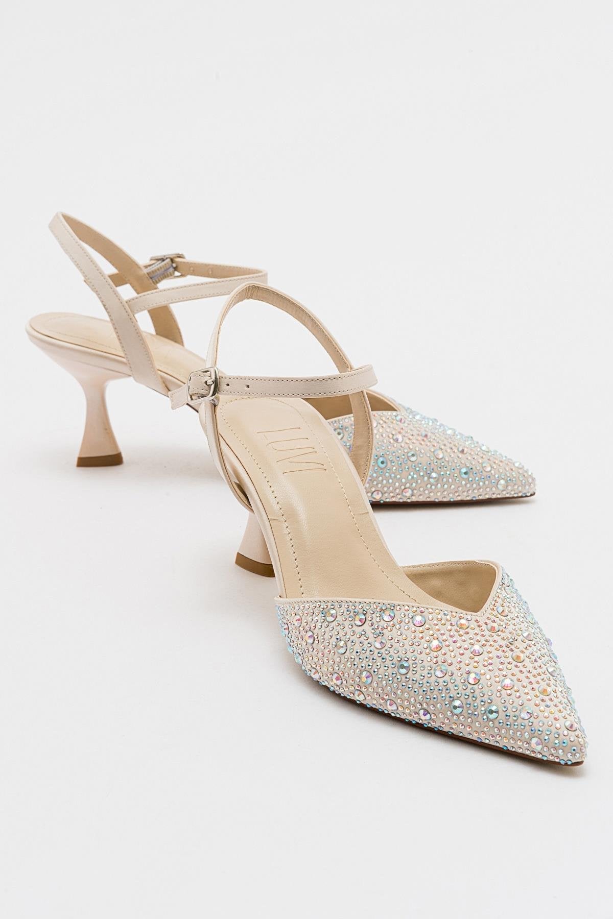 Vilka - Beige Sparkling Slingback Kitten Heels – front three-quarter view showing leather, red, SimmiUnique
