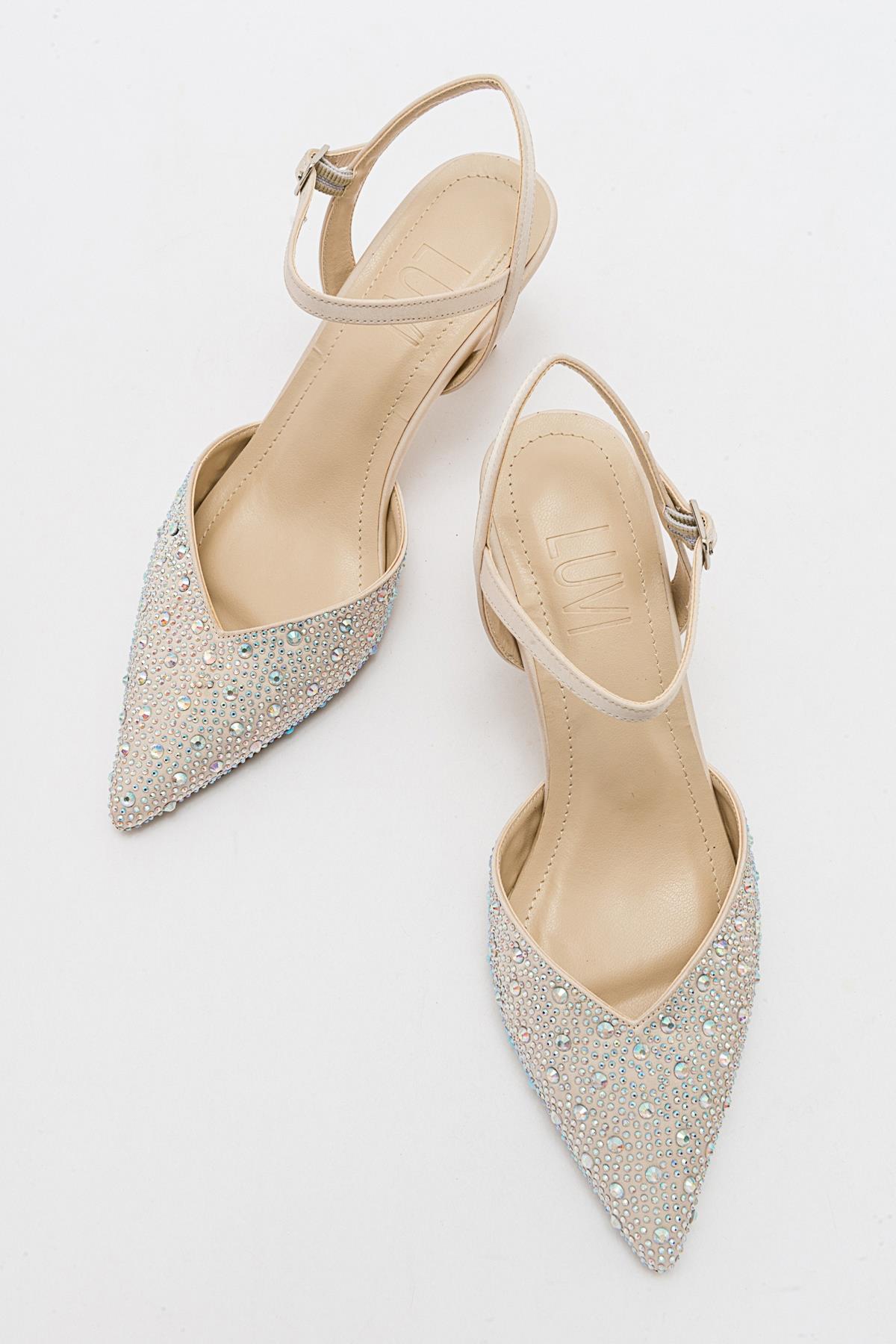 Vilka - Beige Sparkling Slingback Kitten Heels – detail view showing leather, red, SimmiUnique