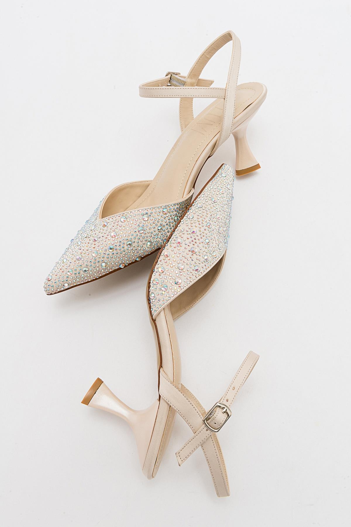 Vilka - Beige Sparkling Slingback Kitten Heels – heel view showing leather, red, SimmiUnique