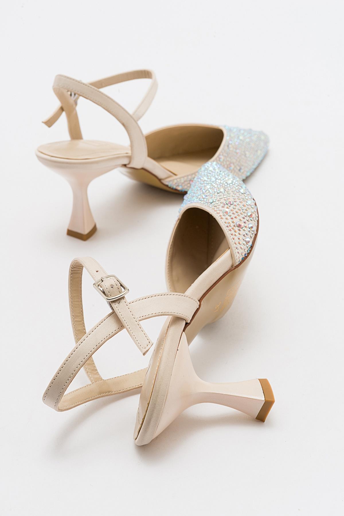 Vilka - Beige Sparkling Slingback Kitten Heels – back view showing leather, red, SimmiUnique