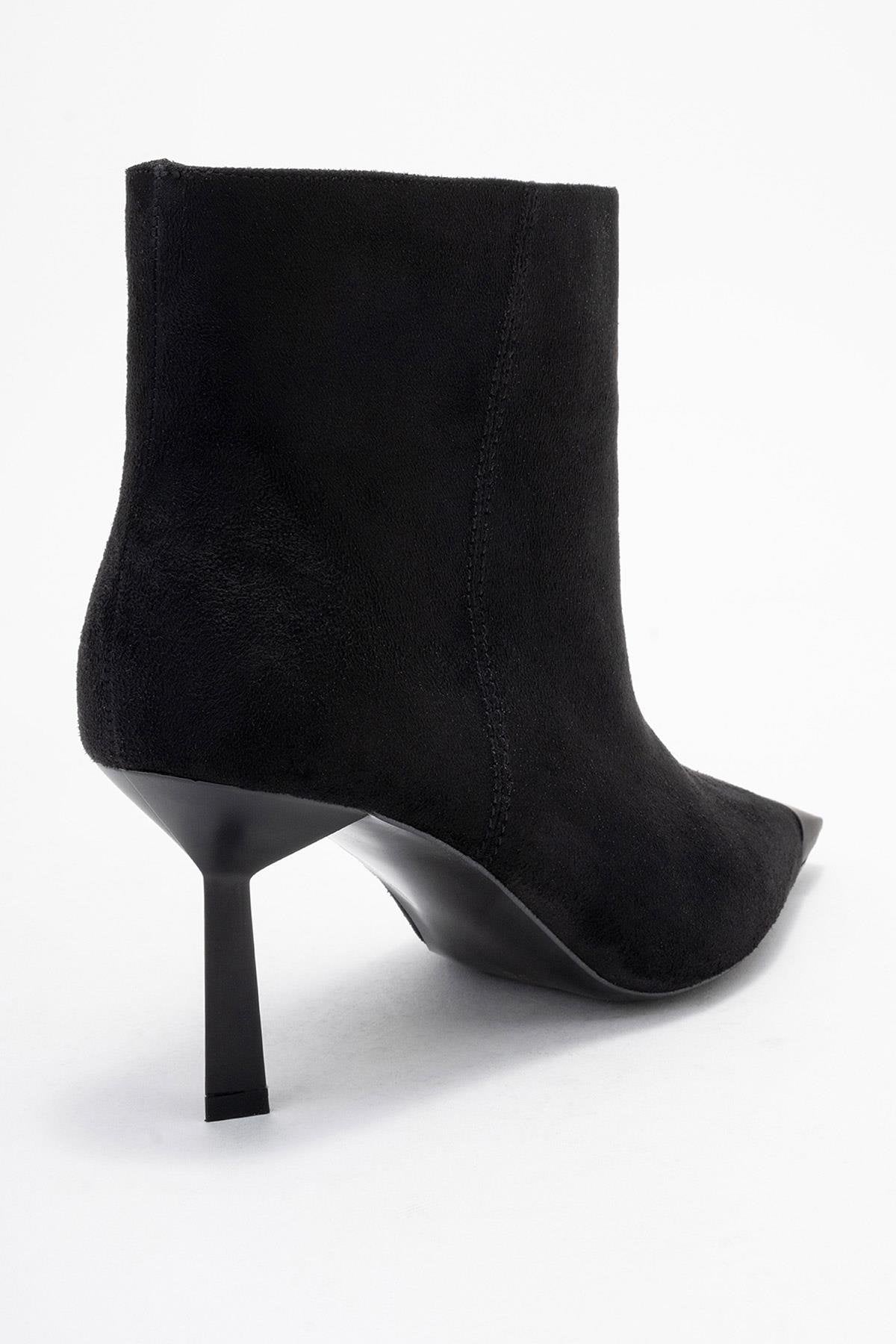 Rassel - Black Stiletto Heel Ankle Boot – back view showing suede, black, SimmiUnique