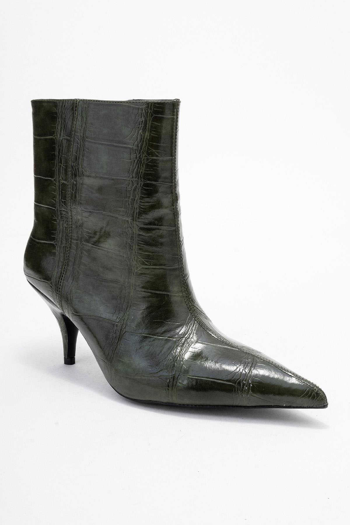 Brivelle - Green Printed Pointed Toe Kitten Heel Boot – detail view showing leather, green, SimmiUnique