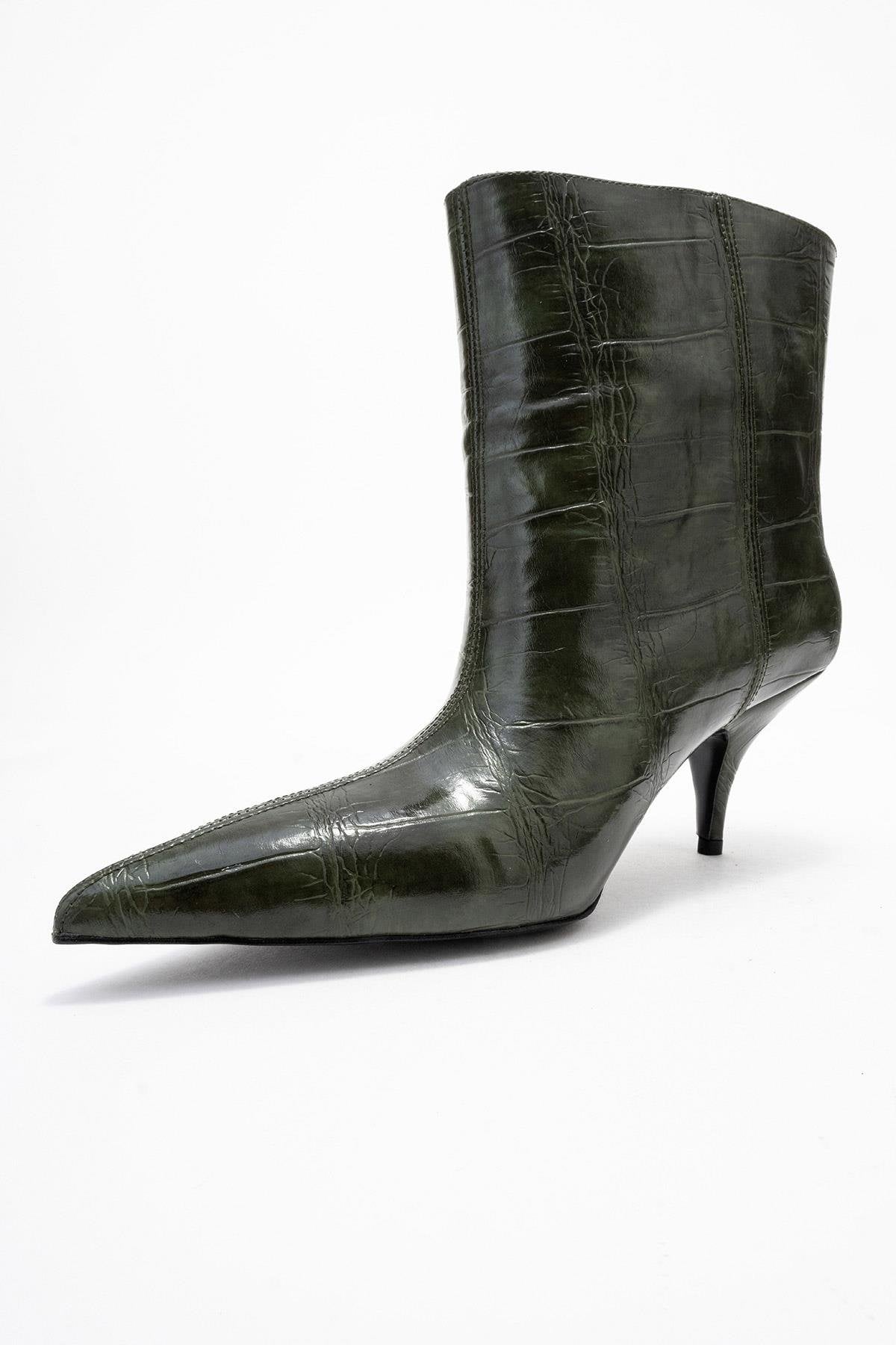 Brivelle - Green Printed Pointed Toe Kitten Heel Boot – heel view showing leather, green, SimmiUnique