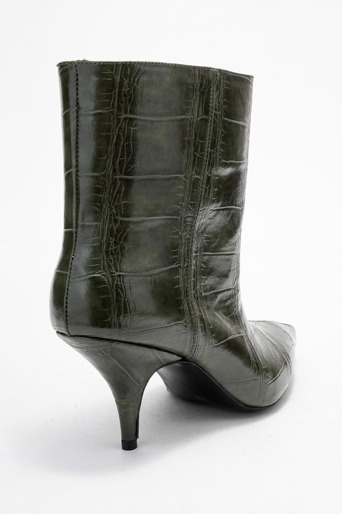 Brivelle - Green Printed Pointed Toe Kitten Heel Boot – back view showing leather, green, SimmiUnique