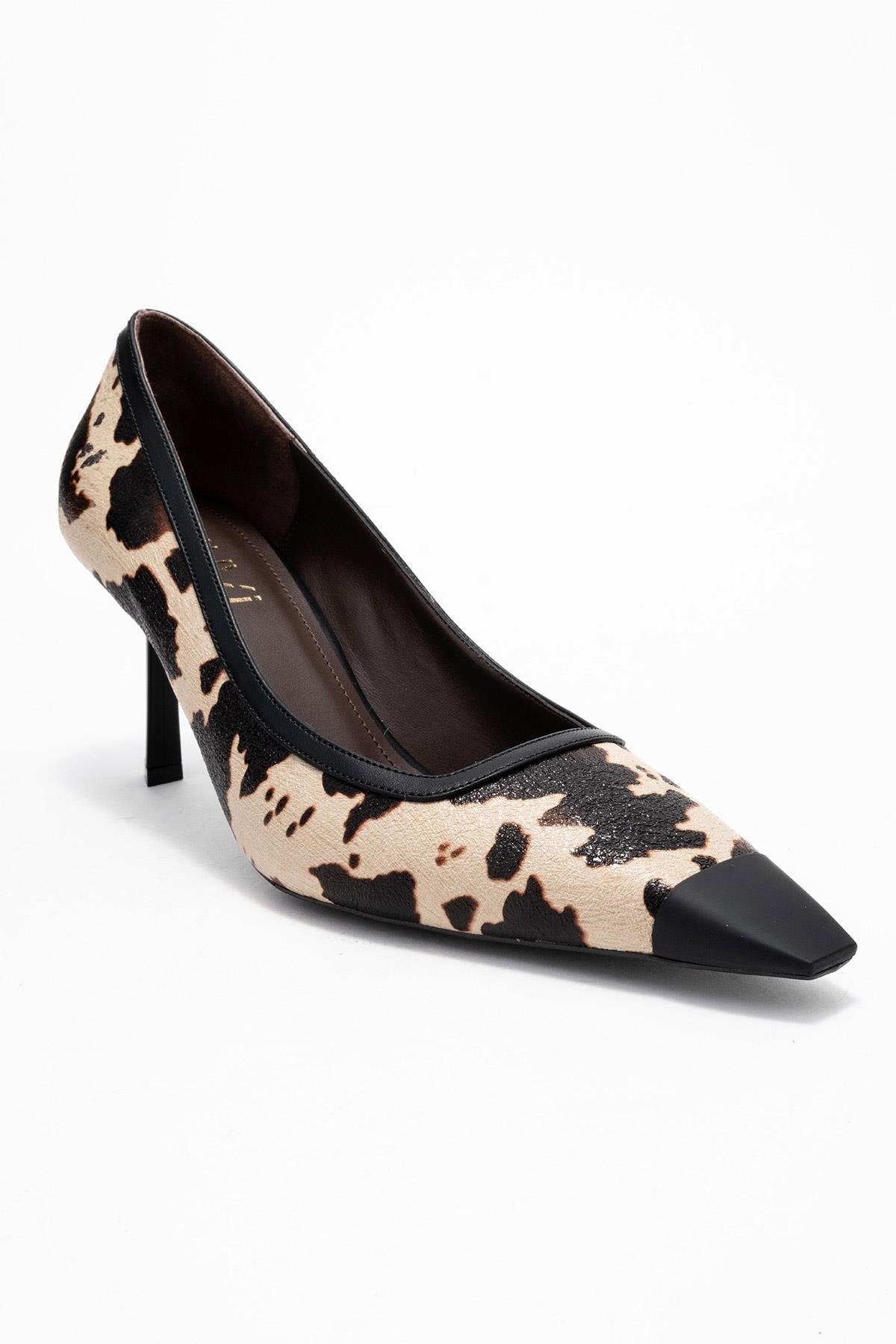 Rona - Black Beige Pattern Pointed Toe Pump – detail view showing leather, black, SimmiUnique