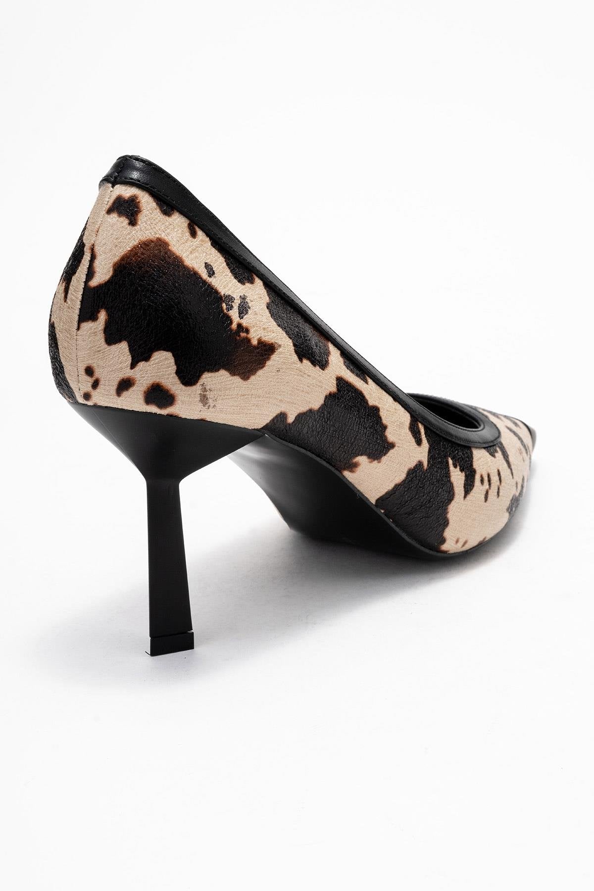 Rona - Black Beige Pattern Pointed Toe Pump – back view showing leather, black, SimmiUnique